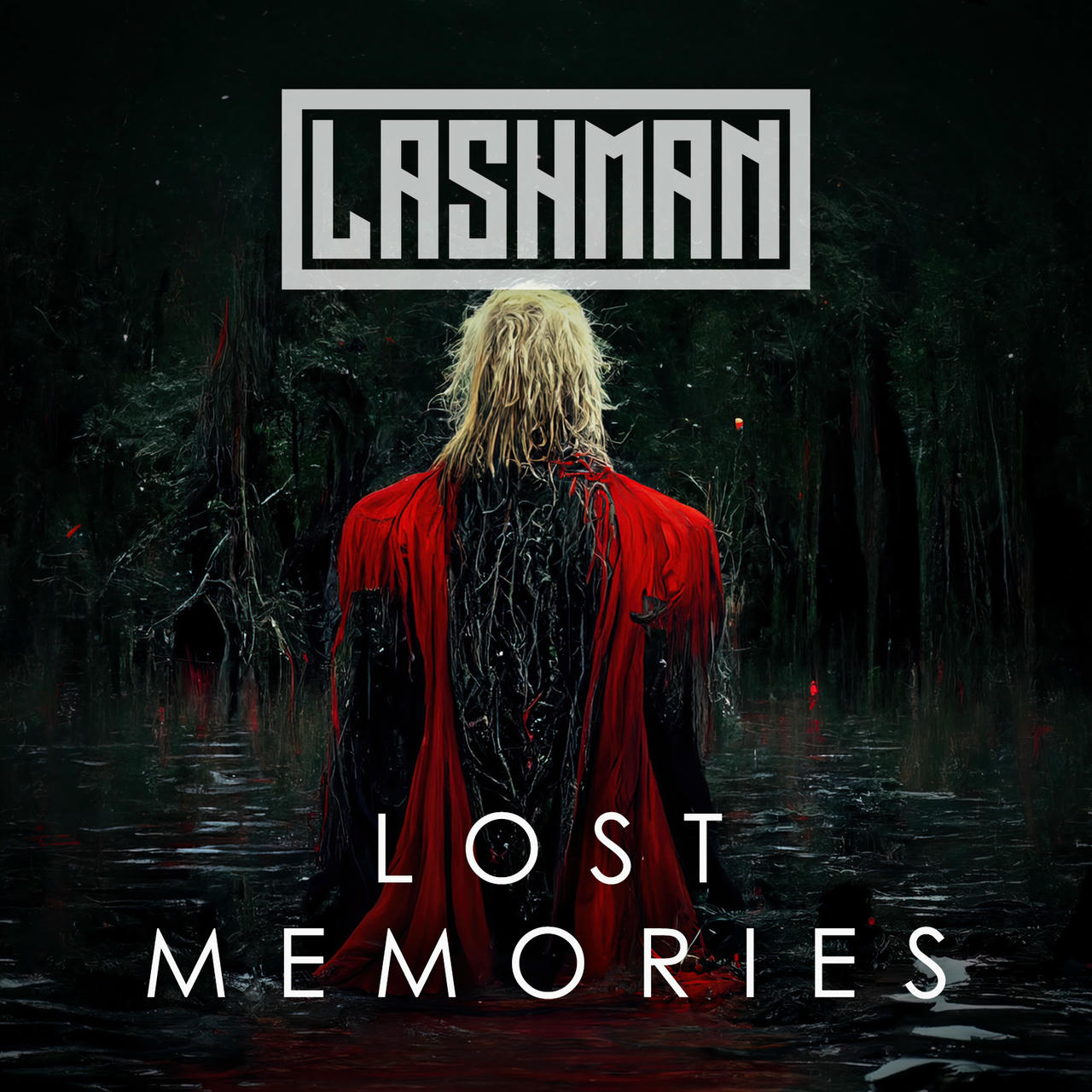 A dark, moody image with the band name “LASHMAN” in white text at the top. A figure in a long, flowing red coat stands with their back to the viewer, partially obscured by dark, swirling water. The water appears to have dark, tangled strands or debris floating within it. The overall impression is one of isolation and perhaps melancholy.