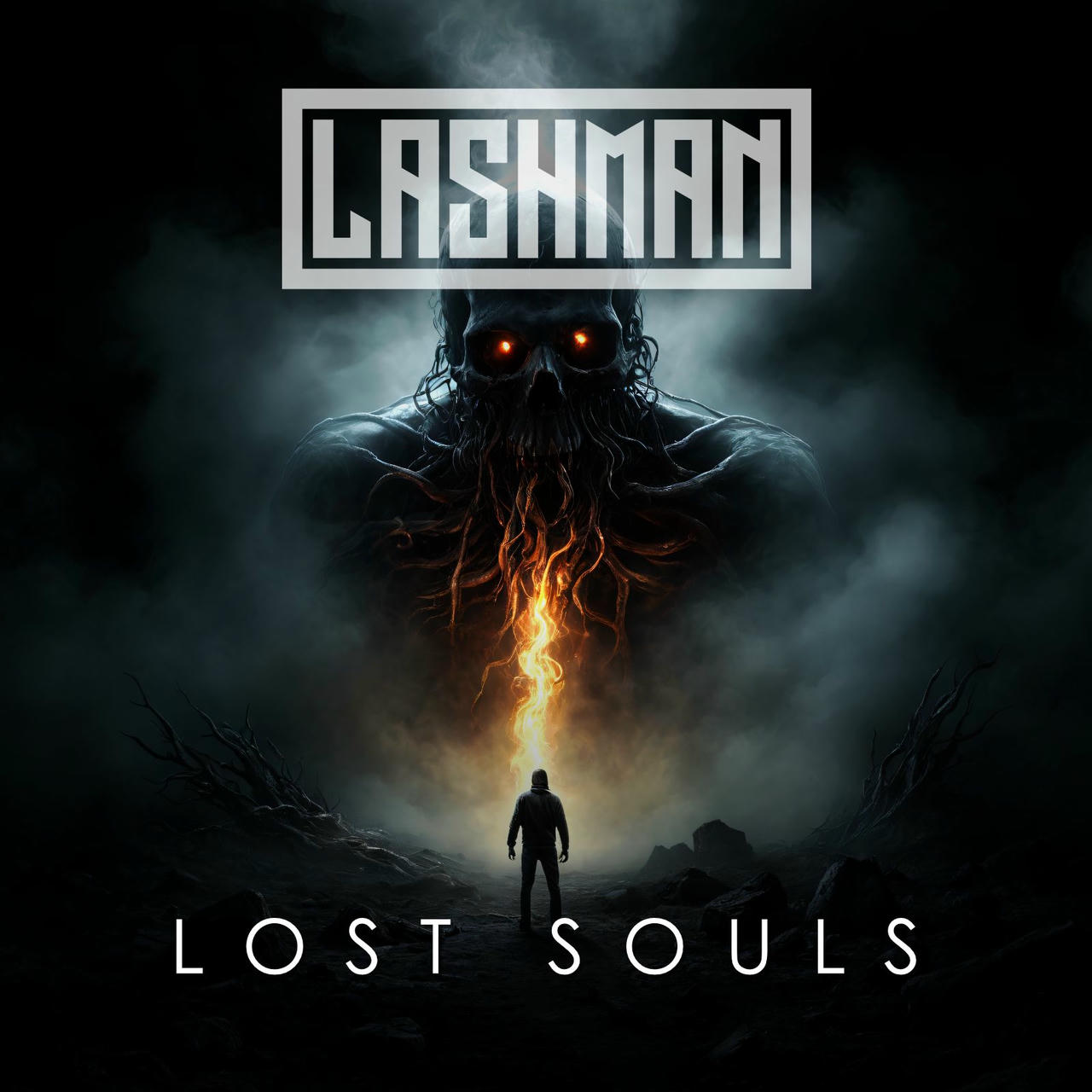A dark, ominous image depicts a towering, skeletal figure with glowing red eyes and fiery tendrils erupting from its hands. Behind the figure, a lone, silhouetted human stands in a desolate, rocky landscape. The words "LOST SOULS" are written in white across the bottom of the image.