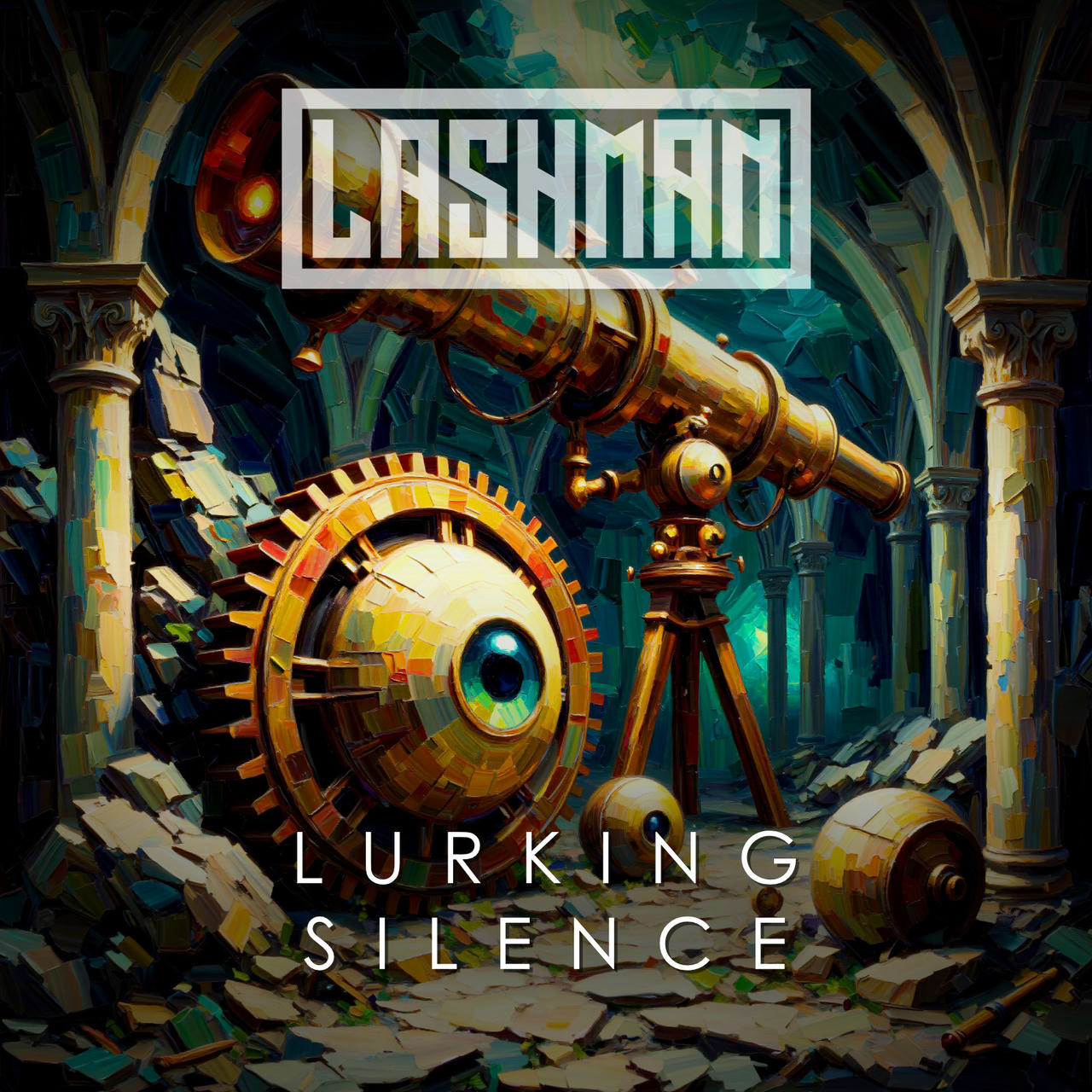 A dark, surreal image depicts a rusty, antique telescope pointing towards a large, mechanical eye encased in a gear-filled sphere. The eye is a deep, unsettling blue. Behind the telescope are crumbling, gray stone pillars and a decaying, stone wall. The words "LURKING SILENCE" are stacked vertically in white lettering on the right side of the image.