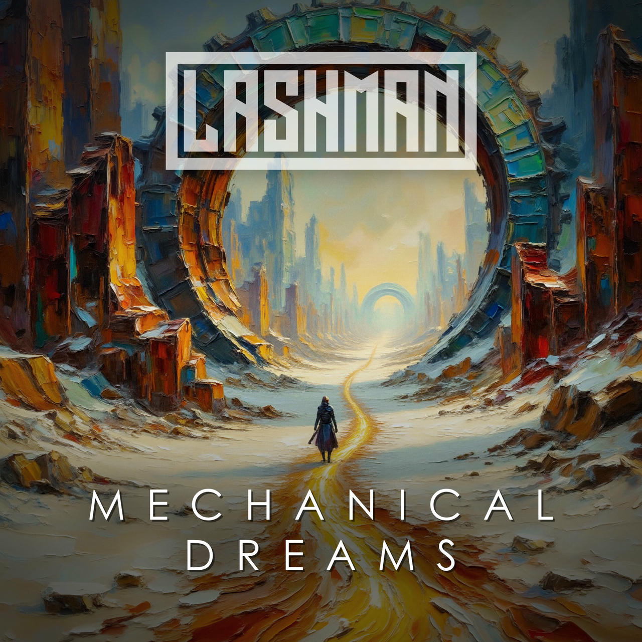 The artwork depicts a vast, cavernous space dominated by towering, rusted, and crumbling structures that resemble colossal gears and machinery, painted in a palette of muted reds, browns, and grays, with hints of pale blue light filtering through openings above. The entire scene is rendered in a thick, textured, impasto style, giving the impression of a rough, weathered surface. A lone, dark figure stands in the center of the image, clad in a long, dark coat, and appears small in comparison to the monumental architecture. The figure is facing directly forward, creating a sense of isolation and vulnerability. Above and within the structures, a circular opening is illuminated with a glowing, ethereal blue light. Overlaid at the top of the image is the word “LASHMAN” in white, bold block letters. Below this, the text “MECHANICAL DREAMS” is printed in a similar white font. The overall impression is one of a desolate, post-apocalyptic landscape filled with decaying technology, conveying a feeling of immense scale and quiet contemplation.