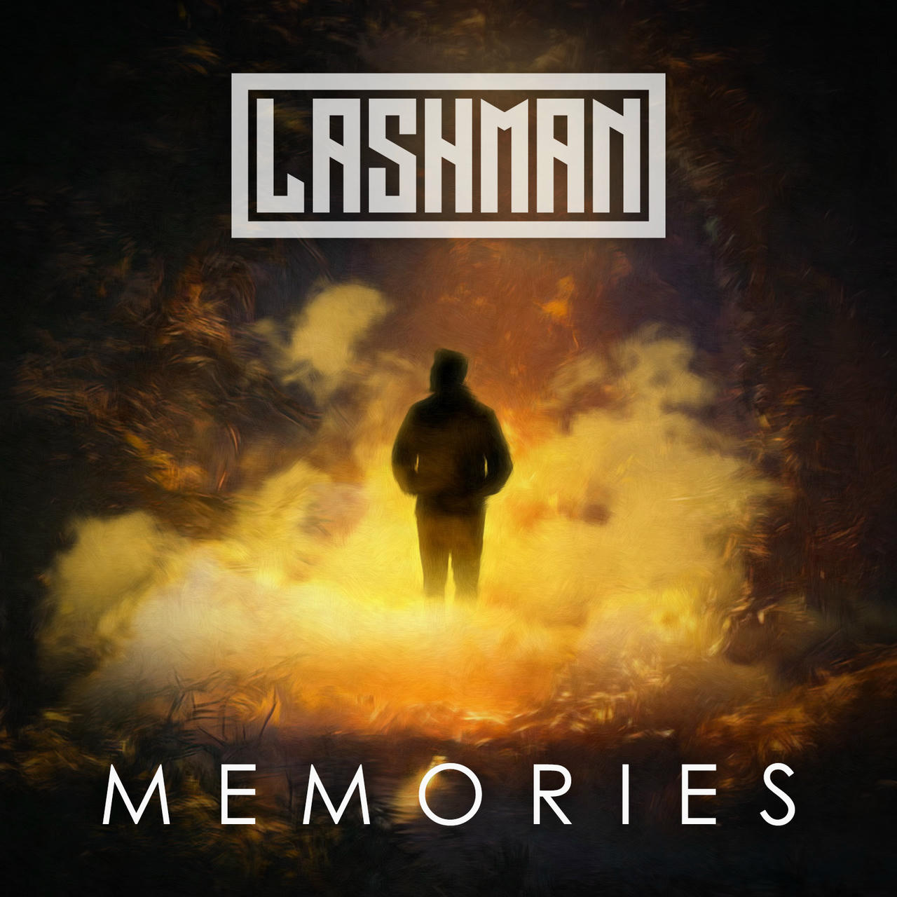 A dark, smoky background with a figure of a person standing in the center, appearing small and isolated. The word “MEMORIES” is written in white across the bottom of the image. Above the figure, the word “LASHMAN” is printed in white.