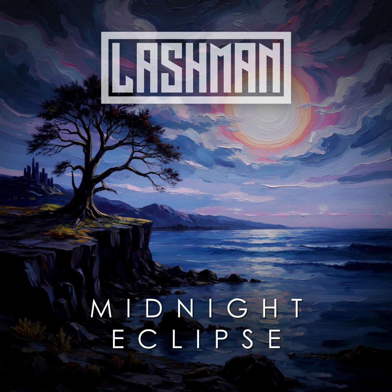 A dark, dramatic painting depicts a moonlit seascape. A lone, gnarled tree stands silhouetted against a turbulent, swirling sky filled with shades of pink, purple, and gray. Below, a dark, rocky coastline meets a shimmering, reflective ocean. The word “MIDNIGHT ECLIPSE” is prominently displayed in white letters across the bottom of the image.