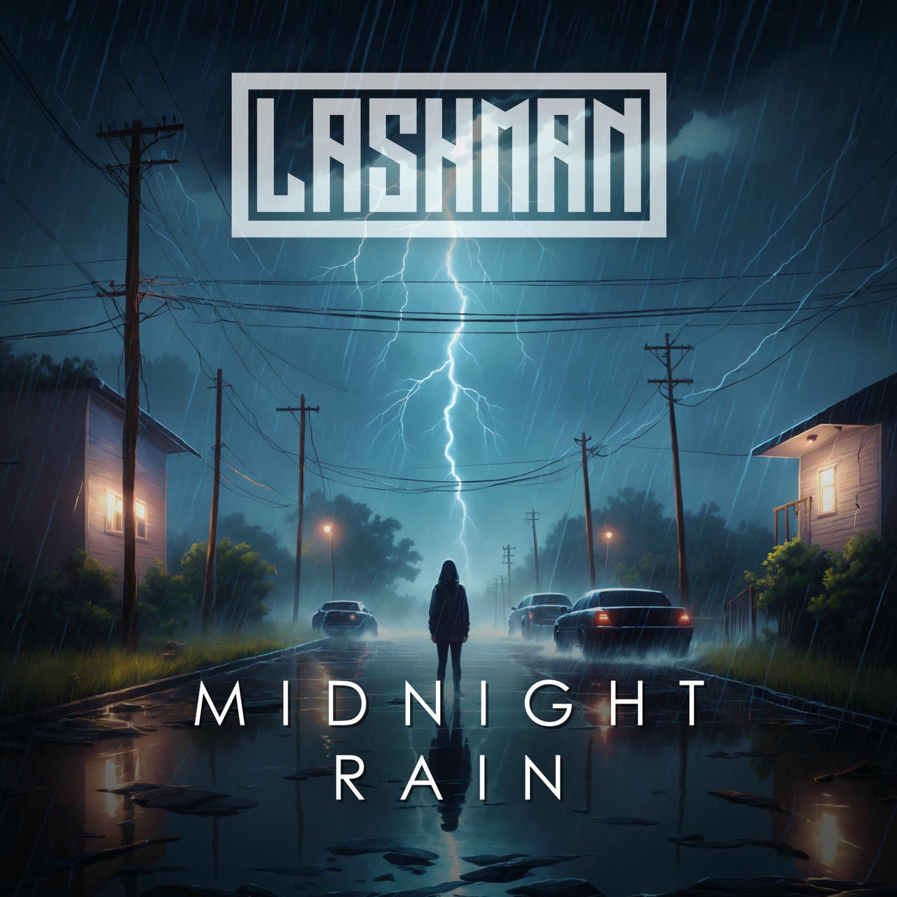 A digital painting depicts a dark, stormy night scene. A lone figure stands on a wet street, illuminated by a bright lightning bolt that streaks across the sky. Rain pours down, reflecting the streetlights and illuminating the wet asphalt. Several cars are parked along the street, and utility poles with wires run alongside the road. The word “MIDNIGHT” is stacked vertically in large, white letters on the left side of the image, and “RAIN” is stacked vertically on the right.