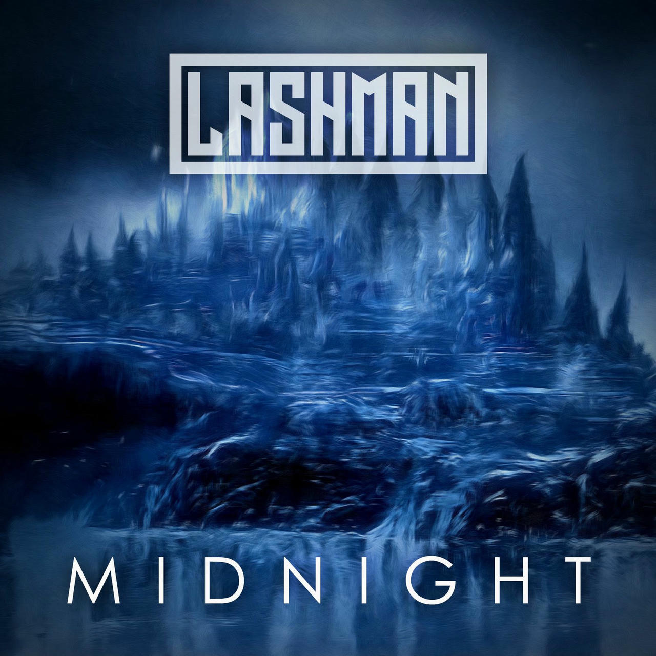 A dark, moody digital artwork depicts a towering, jagged mountain range shrouded in thick mist. The peaks are sharply defined, with a textured, almost icy appearance. The color palette is dominated by deep blues and grays, creating a sense of cold and isolation. The word "MIDNIGHT" is prominently displayed in white across the bottom of the image.