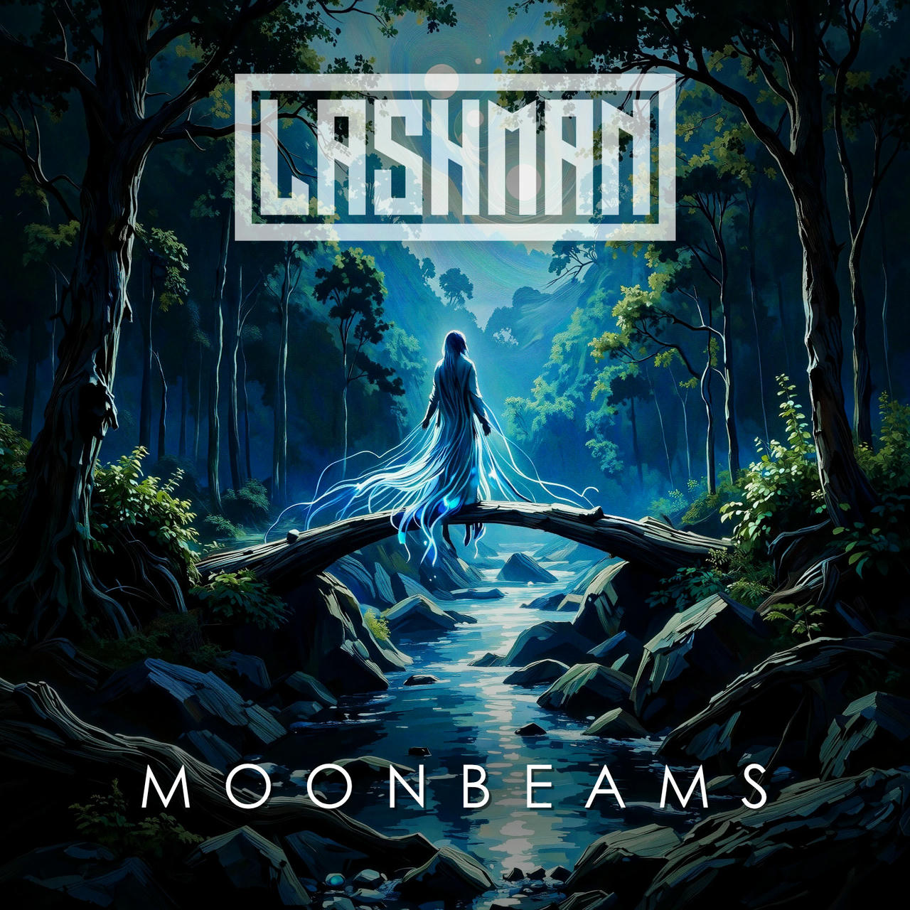 A dark, atmospheric album cover for the band Moonbeams. A ghostly, ethereal woman in a flowing white dress stands on a narrow, moss-covered stone bridge spanning a dark, rushing river. Dense, dark trees surround the scene, partially obscured by mist. The sky is a deep indigo. The band’s name, “LASHMAN,” is prominently displayed in white block letters at the top, and “MOONBEAMS” is printed below in a smaller font.