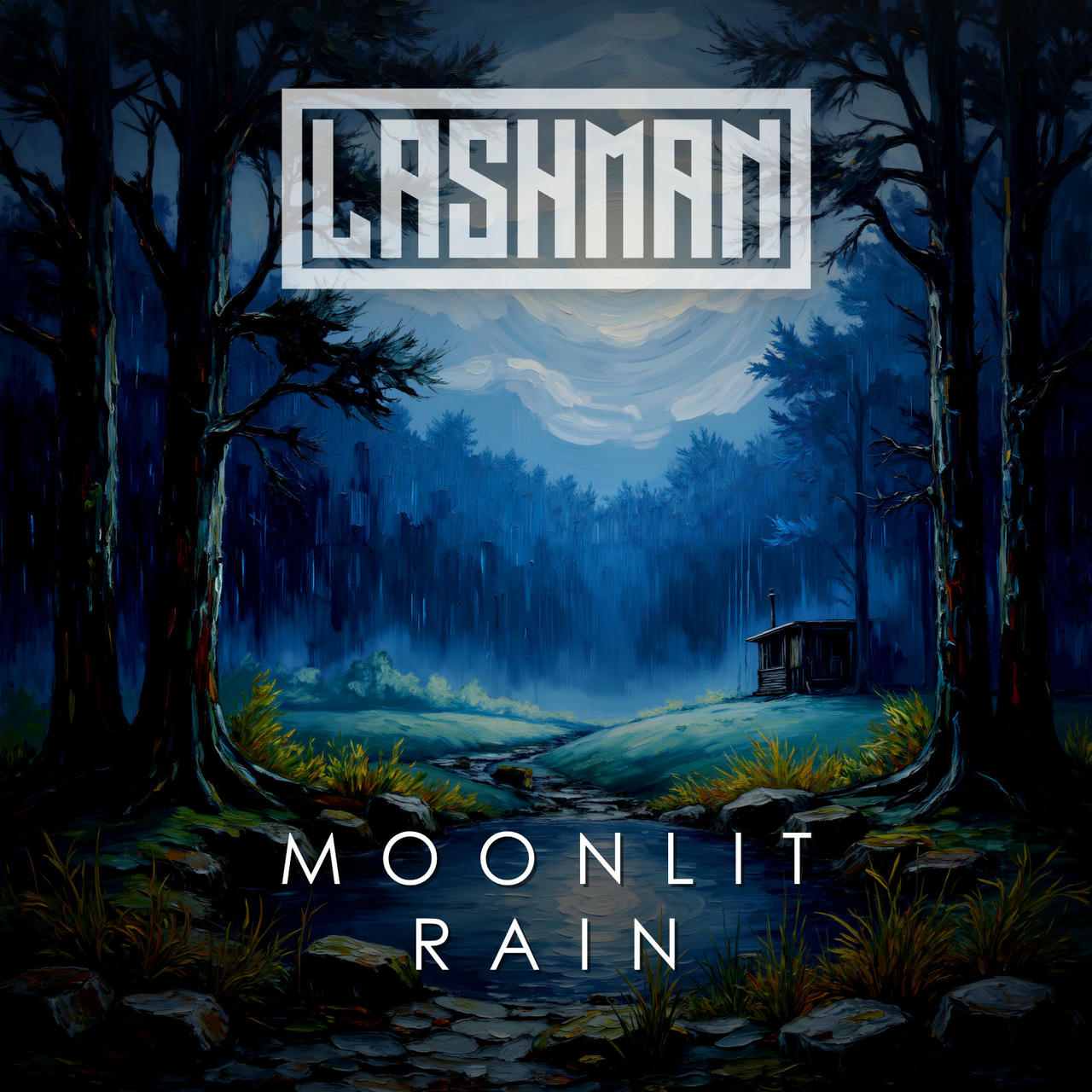 A dark, moody painting depicts a dense, rain-soaked forest under a full moon. Silhouetted trees stretch upwards, their branches dripping with rain. A small, weathered wooden cabin sits nestled amongst the trees on the right side of the image. The words "MOONLIT RAIN" are prominently displayed in white across the top of the image.