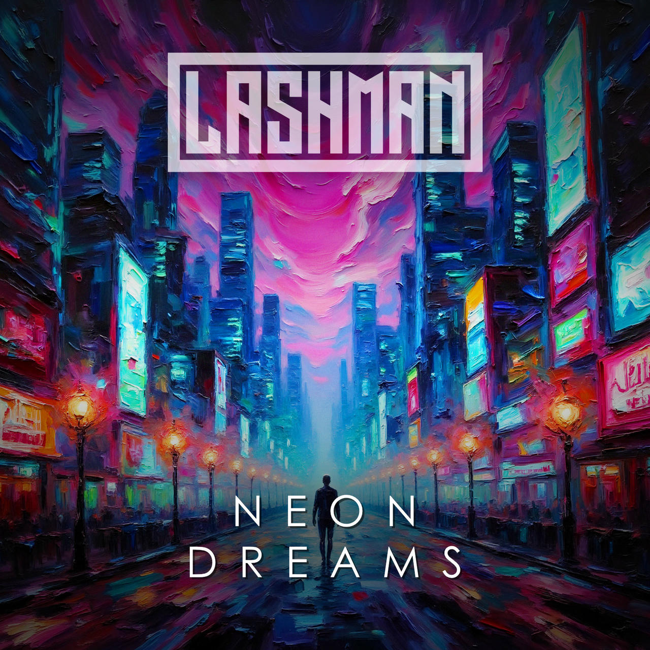 The artwork depicts a futuristic, rain-slicked cityscape at night, dominated by towering, stylized skyscrapers. The color palette is primarily a deep, almost bruised purple, punctuated by vibrant, saturated neon hues – pink, yellow, and turquoise – that spill out from the illuminated signs and storefronts lining the street. Rain streaks across the canvas, creating a sense of movement and depth. The skyscrapers are depicted with thick, textured brushstrokes, giving them a solid, monumental feel. Numerous glowing signs advertising various products and services are visible, rendered in a chaotic, densely packed manner. The words "NEON DREAMS" are stacked vertically in a bold, white sans-serif font, positioned at the top left of the image, with the artist’s name “LASHMAN” also in white font just above the title. The overall impression is one of a hyper-stimulated, slightly unsettling, urban landscape, suggesting a blend of technology and a dreamlike state.