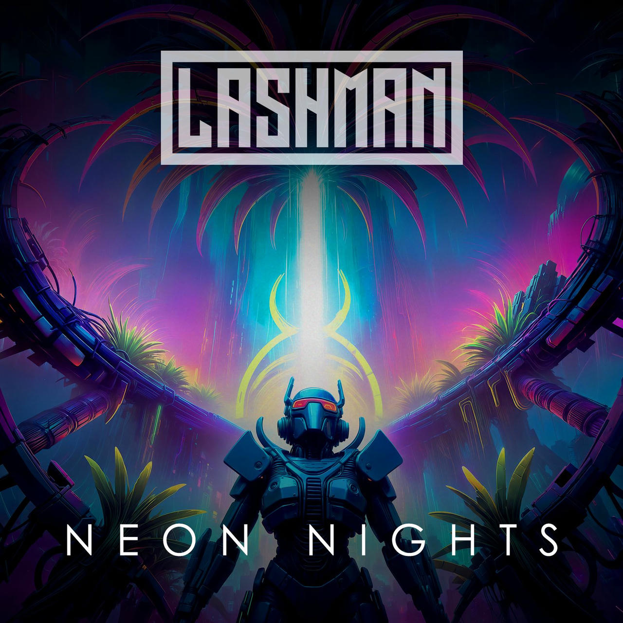 A vibrant, neon-colored album cover titled “NEON NIGHTS” by LASHMAN. A robotic figure wearing a helmet with glowing blue eyes stands in the foreground, facing a towering, stylized, neon-pink and blue pillar of light. The background is a dark, swirling gradient of purple and pink, with stylized palm trees and geometric structures visible in the distance. The word “LASHMAN” is prominently displayed in white across the top of the image.