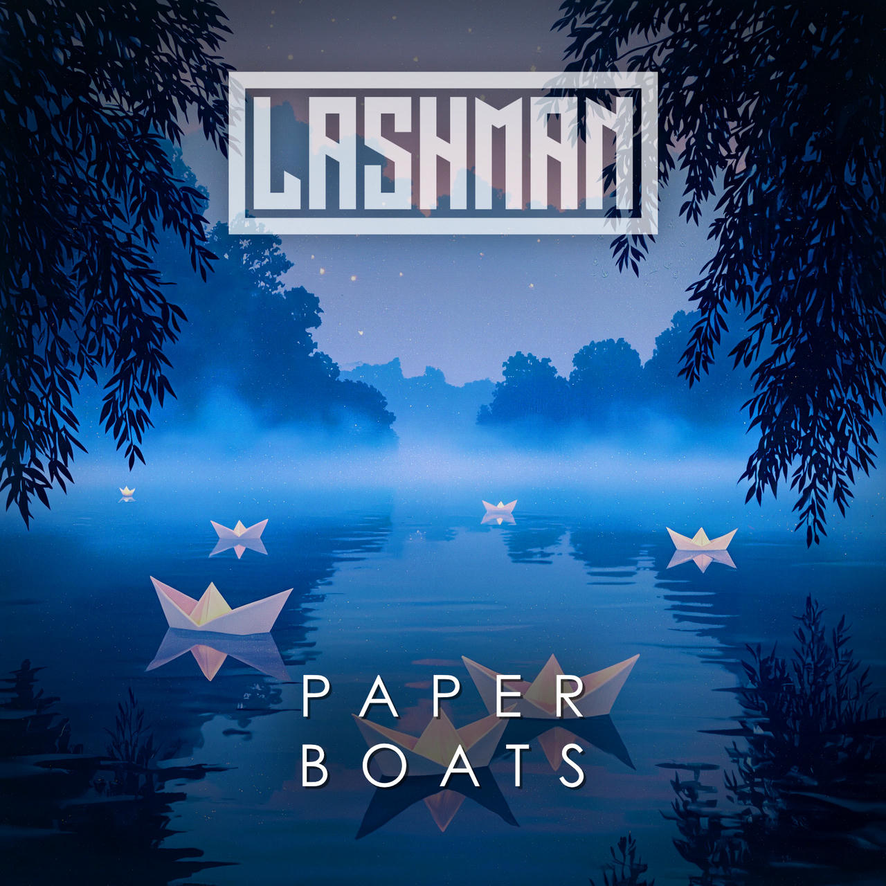 A digital artwork depicts a serene, misty lake scene. The water is a deep blue, reflecting a dark, hazy sky. Several paper boats, folded in a traditional design, float on the water’s surface. Silhouetted trees line the far shore, partially obscured by the mist. Above the image, in bold white letters, are the words “LASHMAN” and “PAPER BOATS”.