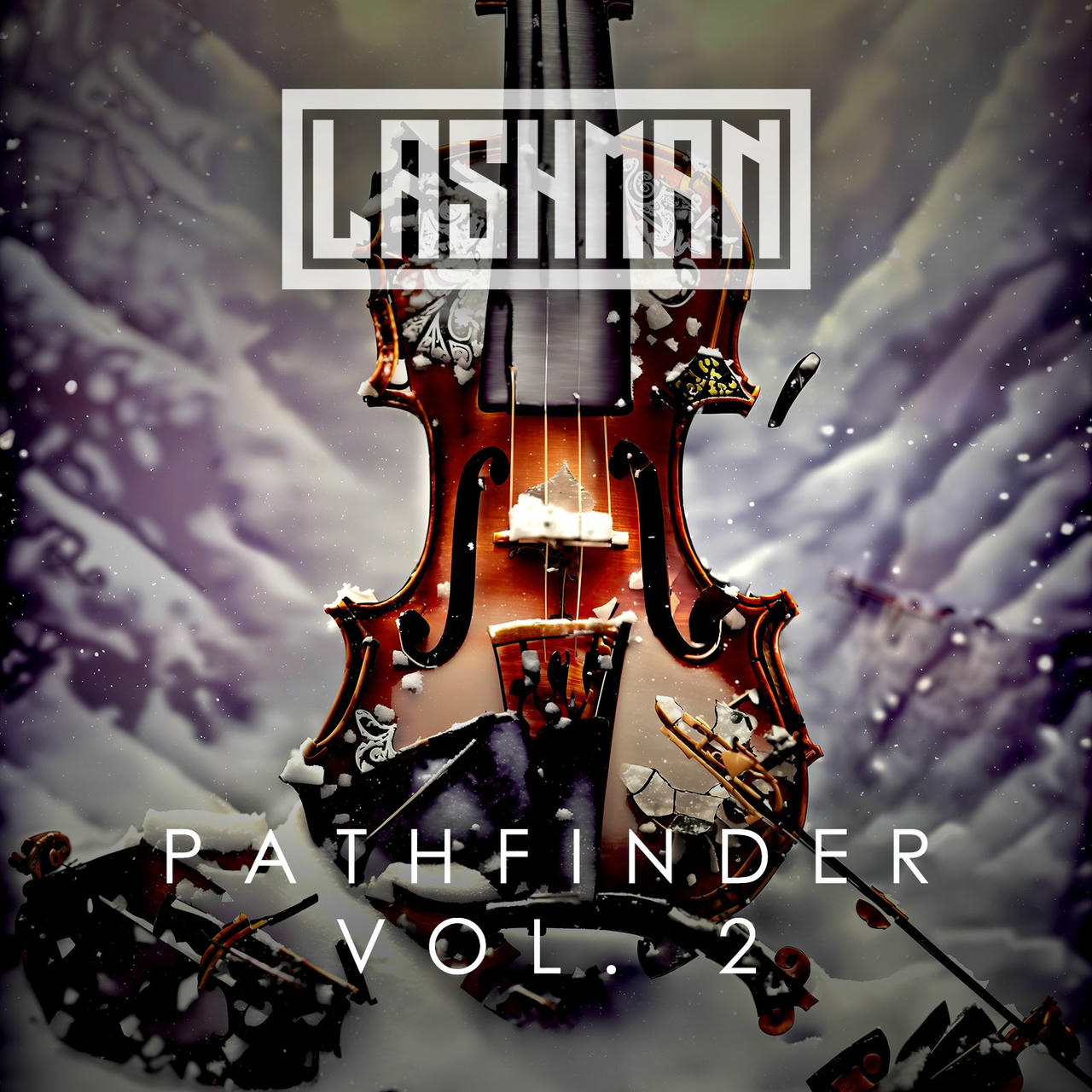 A dark, dramatic album cover featuring a black and silver violin partially obscured by swirling snow and smoke. The violin’s strings are visible, and a single spotlight illuminates it from above. The words “PATHFINDER VOL. 2” are printed in white at the bottom of the image. The band name “LASHMAN” is prominently displayed in a white, stylized font across the top.