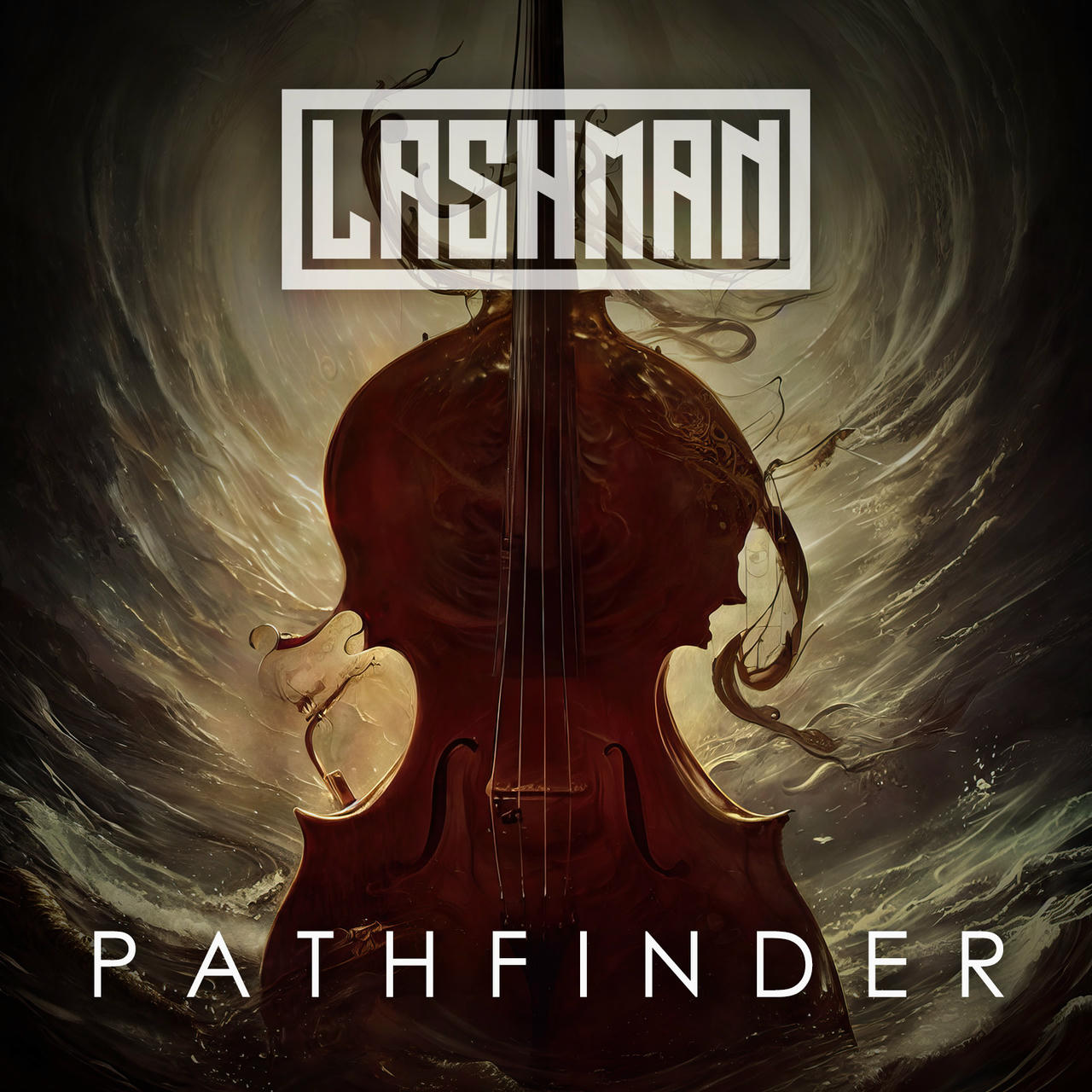 A dark, swirling vortex dominates the image, obscuring the majority of the frame. Within the vortex, the silhouette of a bowed string instrument, a cello, is visible from its back. The cello’s dark wood is partially obscured by the swirling darkness. The words “PATHFINDER” are stacked vertically in a white, blocky font across the top of the image.