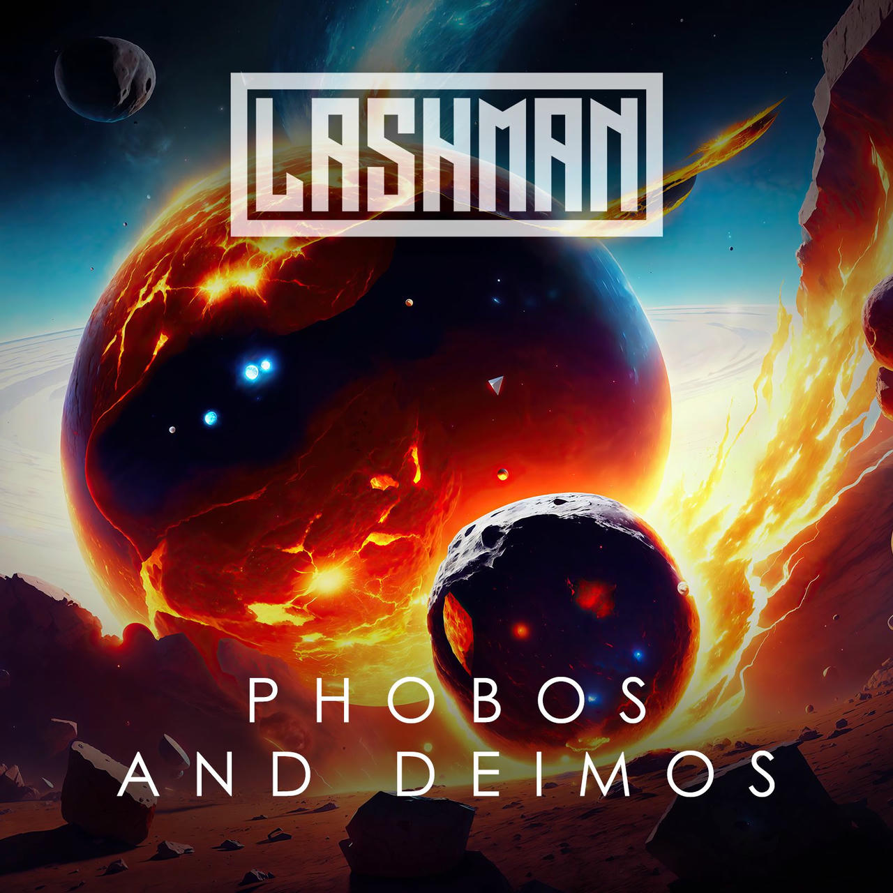 A dramatic, wide-angle space scene depicts a large, gray, cratered moon floating in a dark, swirling nebula filled with bright blue and purple gases. Lightning-like streaks of light emanate from the moon, illuminating a rocky, desolate landscape below. The words "PHOBOS AND DEIMOS" are prominently displayed in white across the top of the image.