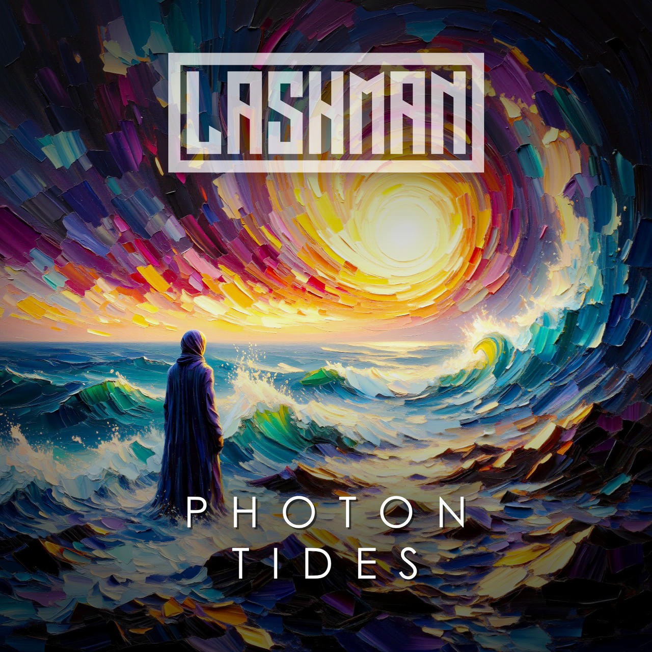 A vibrant, swirling painting depicts a stormy ocean scene dominated by deep blues, greens, and purples. A lone figure in a dark cloak stands on a rocky outcrop, gazing out at the turbulent waves. The title “PHOTON TIDES” is written in white across the bottom of the image.