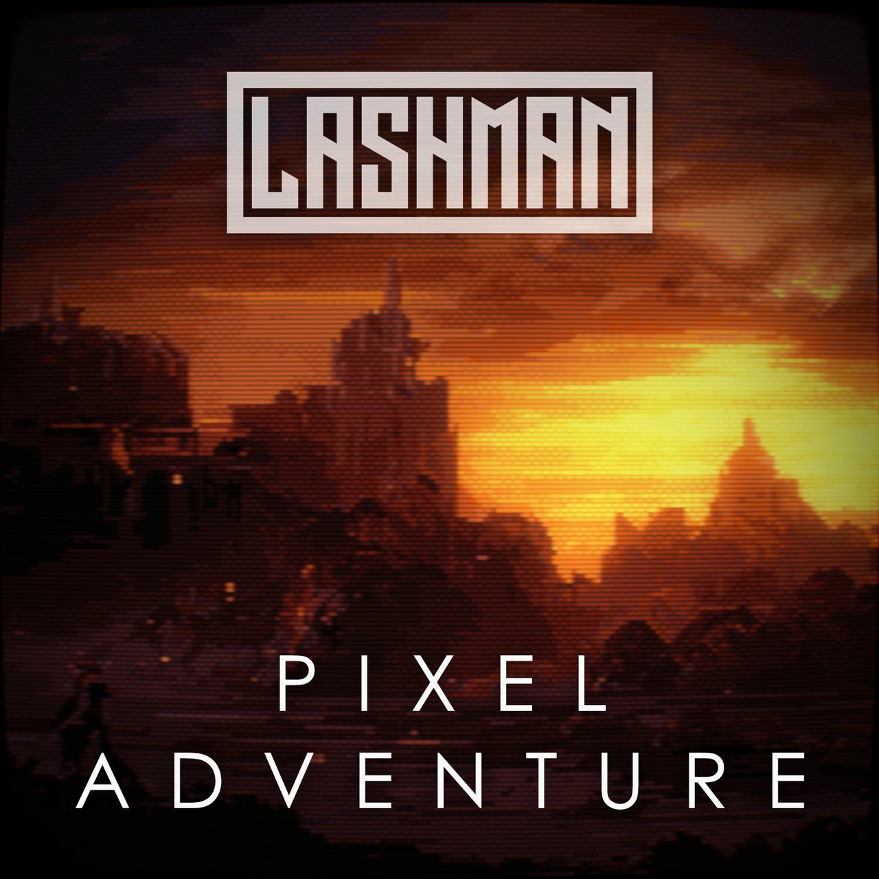 A pixelated image depicts a sunset over a stylized, dark silhouette of a castle. The image has a distorted, glitching effect, with a red-orange hue dominating the sky. The word "PIXEL" is prominently displayed in white across the top, and the word "ADVENTURE" is written in white below it.