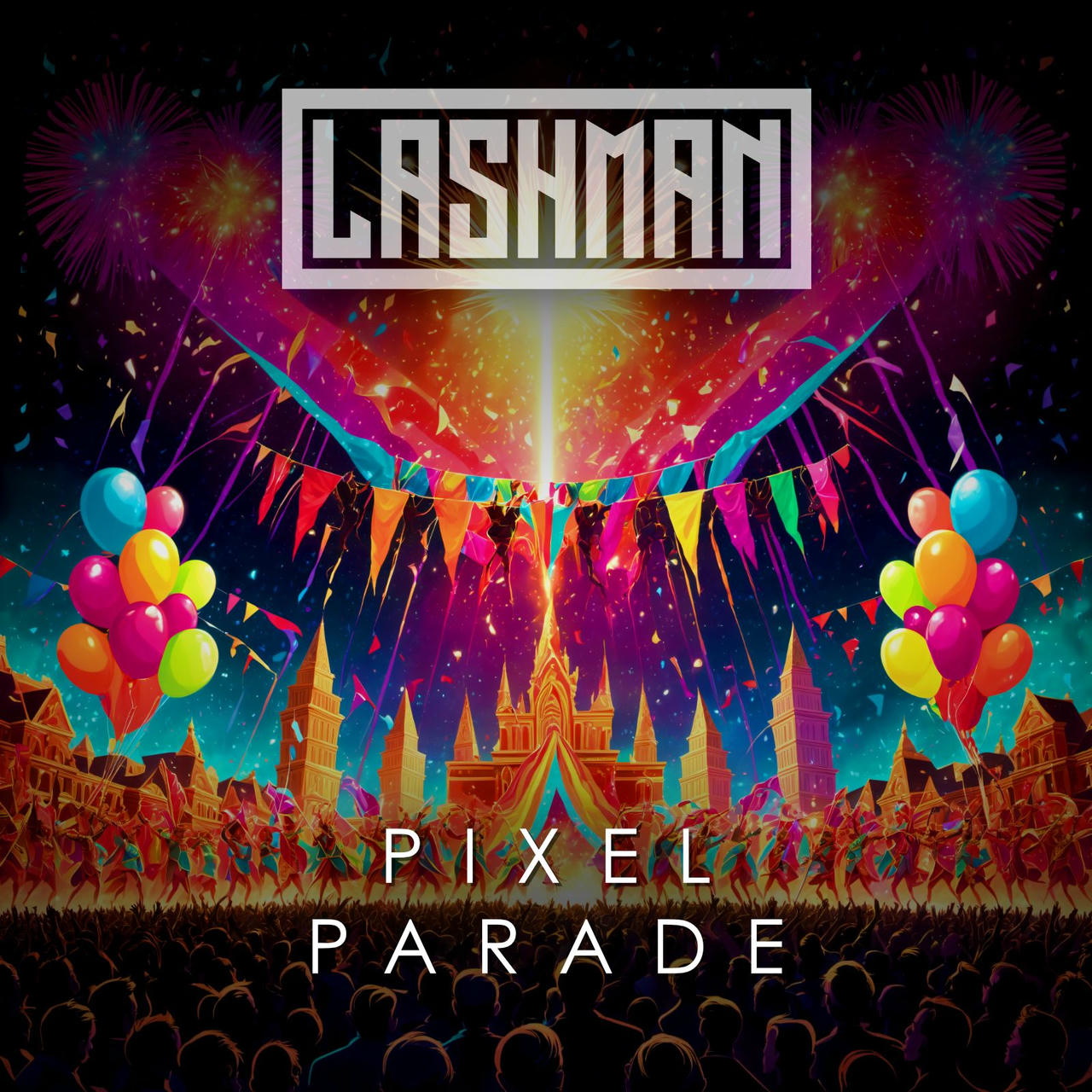 A vibrant, digital illustration depicts a fantastical cityscape at dusk, dominated by a stylized castle with towering spires. Fireworks explode in the background, showering the scene with red and gold light. A colorful banner strung across the scene is adorned with balloons in shades of blue, pink, and red. The words "PIXEL PARADE" are written in white across the bottom of the image.