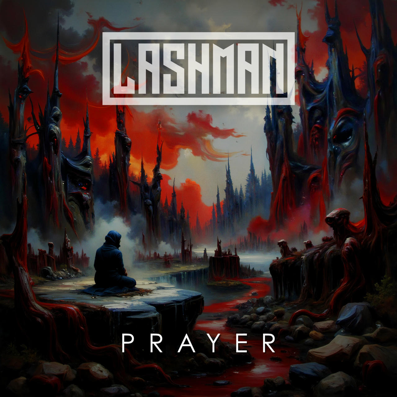 A dark, dramatic digital artwork titled “Prayer” by LASHMAN. A lone figure in a gray hooded jacket sits on a raised, black stone platform overlooking a desolate, red-tinted landscape. Twisted, skeletal trees rise from the ground, resembling grotesque statues. In the distance, more skeletal structures and figures are visible amidst a swirling, smoky atmosphere. The word “Prayer” is written in white across the bottom of the image.