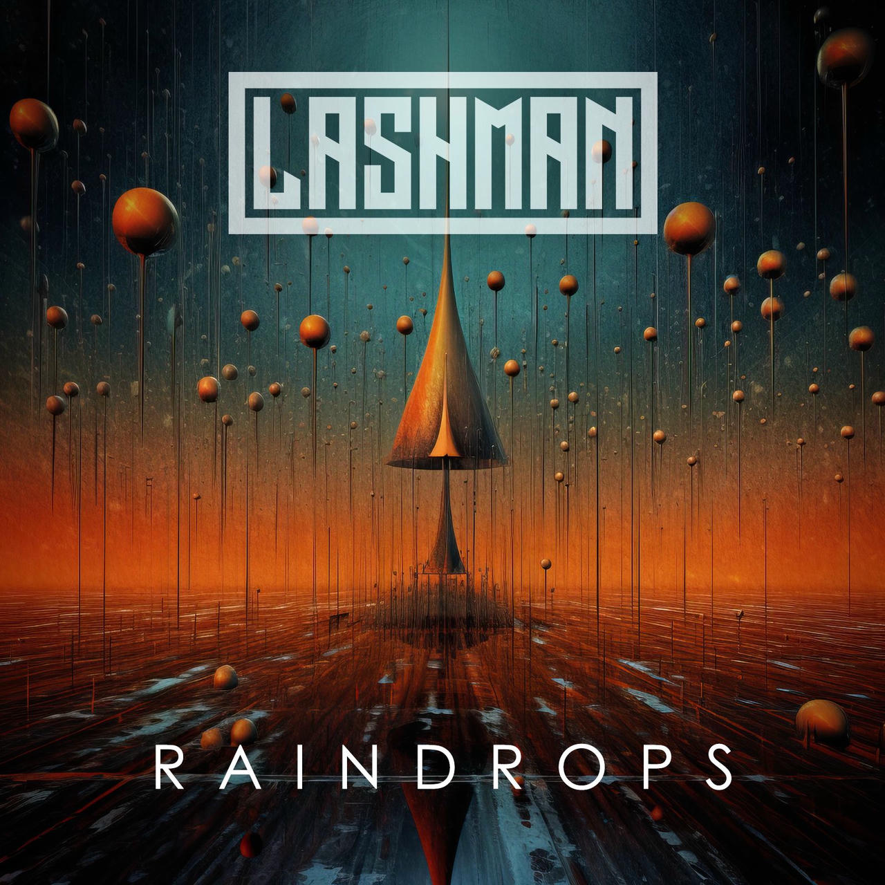 A dark, surreal digital artwork depicts a towering, stylized red and black obelisk rising from a vast, orange-tinted landscape. Numerous, small, dark spheres hang suspended in the air, resembling raindrops. The words "RAIN DROPS" are printed in white at the bottom of the image. Above this text, the word "LASHMAN" is printed in white.