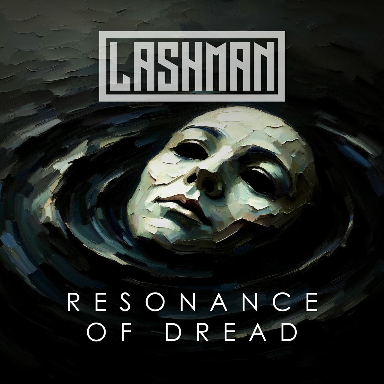 The album cover shows a pale, mask-like face floating in dark, swirling water, its cracked surface resembling weathered porcelain or chipped paint, with hollow, shadowed eyes that give it a lifeless and eerie presence. Ripples radiate outward into a murky background of deep blacks, grays, and blues, enhancing the unsettling atmosphere. At the top, bold block letters inside a rectangular frame spell "LASHMAN," while at the bottom, widely spaced white text reads "RESONANCE OF DREAD." The overall mood is haunting, surreal, and heavy with dread.