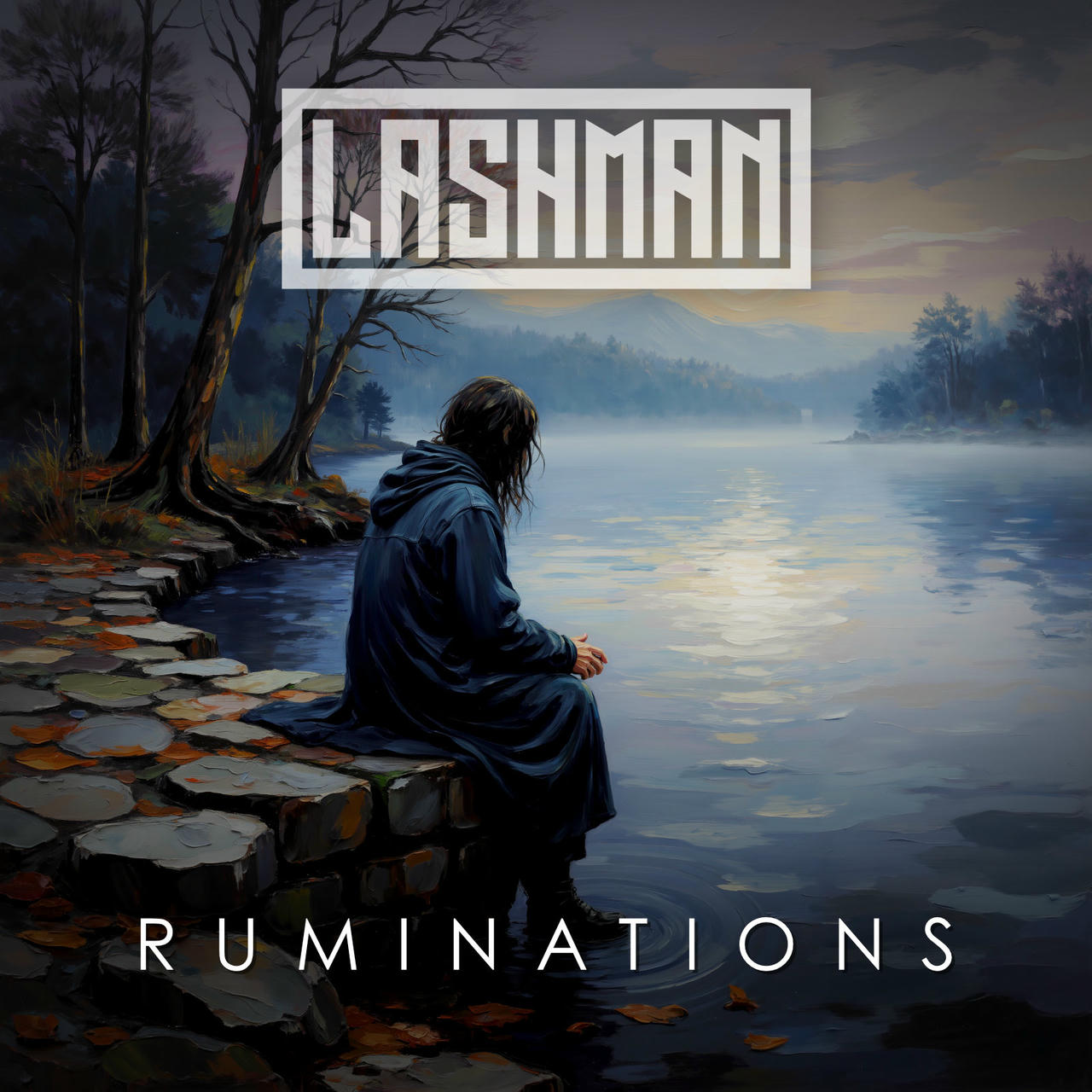 A lone figure, draped in a dark cloak, sits hunched on a moss-covered stone near a misty, gray-blue lake. Bare trees line the shore, their branches reaching towards the sky. The word “RUMINATIONS” is printed in large, white capital letters across the top of the image.