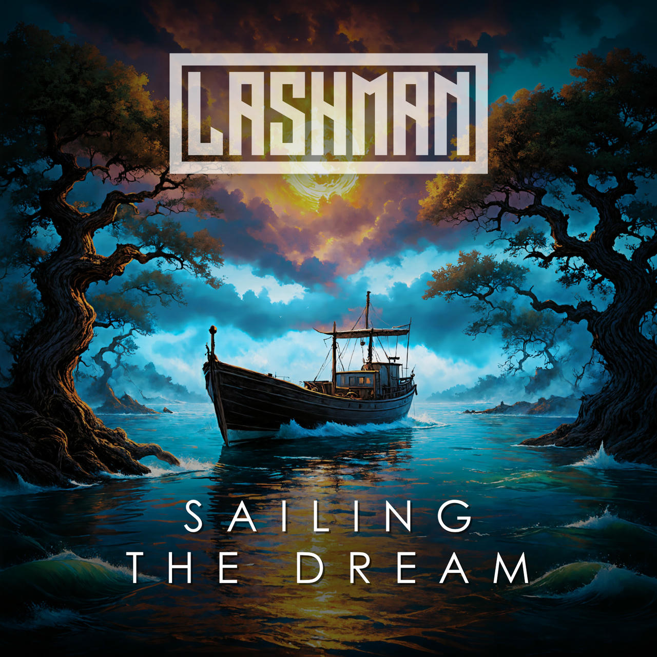 A dark, weathered wooden sailing ship with a tall mast sits in a misty, turbulent gray-blue ocean under a dramatic, stormy sky filled with swirling clouds. Twisted, gnarled trees with bare branches frame the scene on either side. The words "SAILING THE DREAM" are stacked vertically in white lettering on the right side of the image.