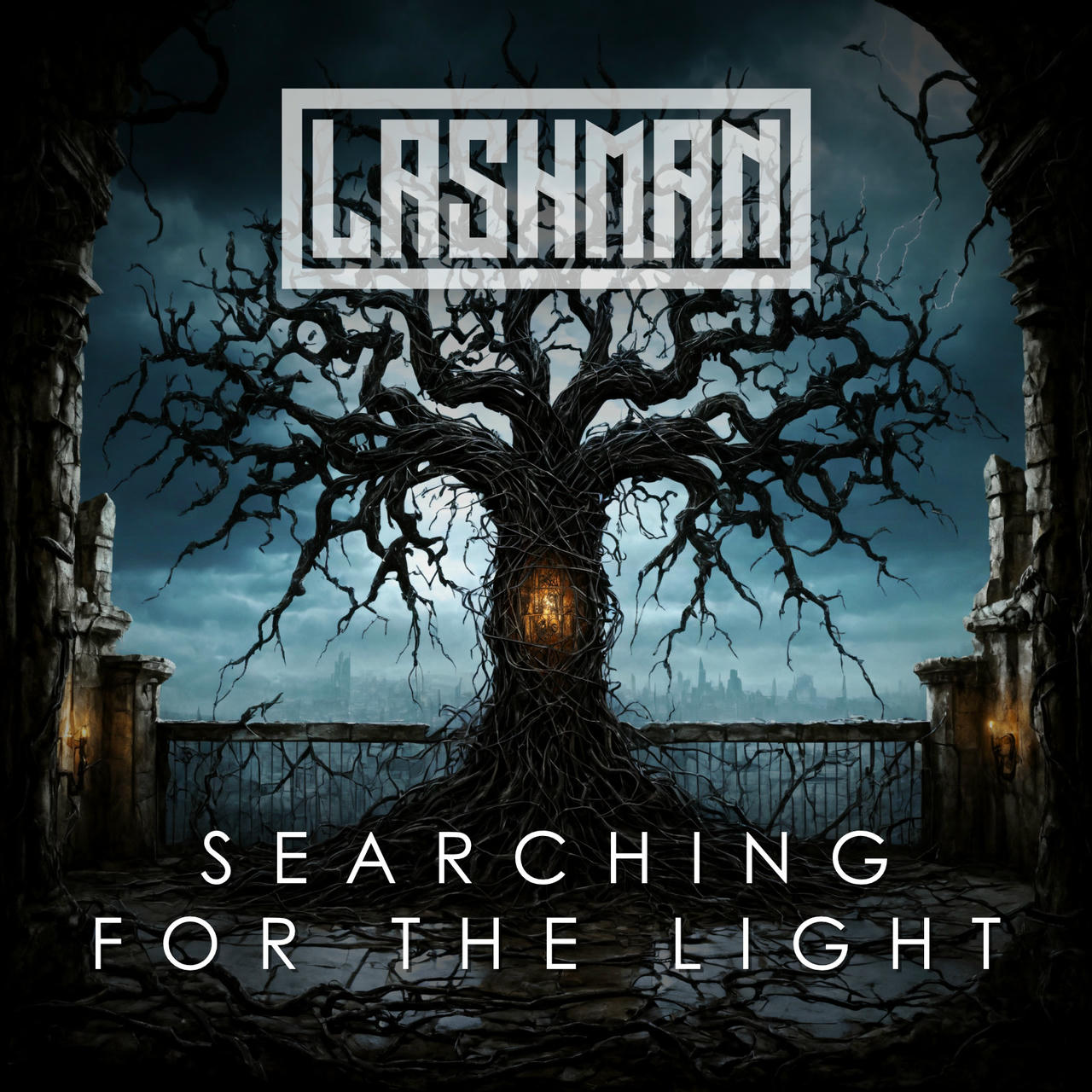 A dark, dramatic image featuring a gnarled, ancient tree dominating the center, its branches twisted and bare against a stormy, gray sky. The tree stands within a crumbling stone wall and gate, with a distant, bleak landscape visible through the gate. The words "SEARCHING FOR THE LIGHT" are stacked vertically in white on the left side of the image.