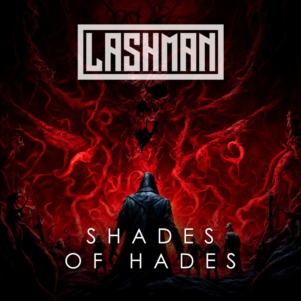 A dark, ominous image with swirling, chaotic red energy resembling tentacles or flames dominates the frame. A shadowy figure, clad in black, stands in the foreground, facing away from the viewer. The words "SHADES OF HADES" are stacked vertically in white lettering across the top of the image.