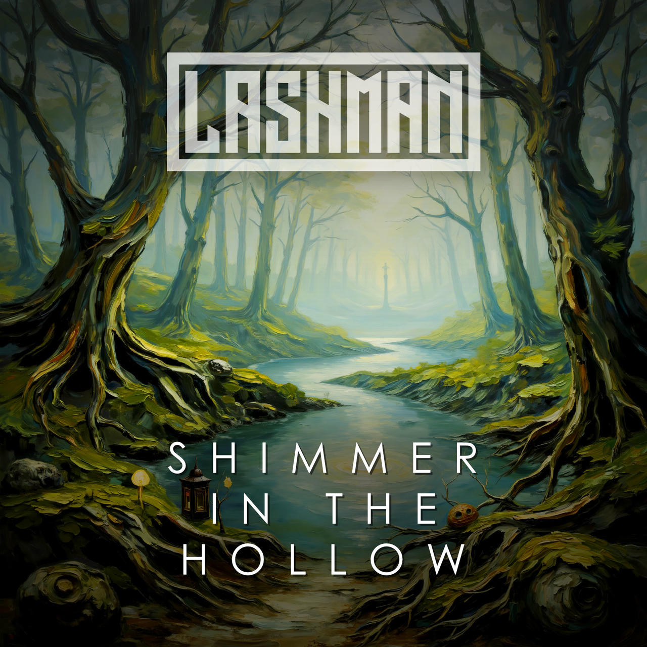 The album cover depicts a dark, atmospheric forest scene. Twisted, gnarled trees with thick, dark trunks and branches dominate the frame, partially obscured by a heavy mist. A narrow, winding stream flows through the center of the image, reflecting a pale, diffused light. The overall color palette is dominated by dark greens, browns, and grays, creating a sense of mystery and depth. The words “SHIMMER IN THE HOLLOW” are printed in white across the bottom of the image.