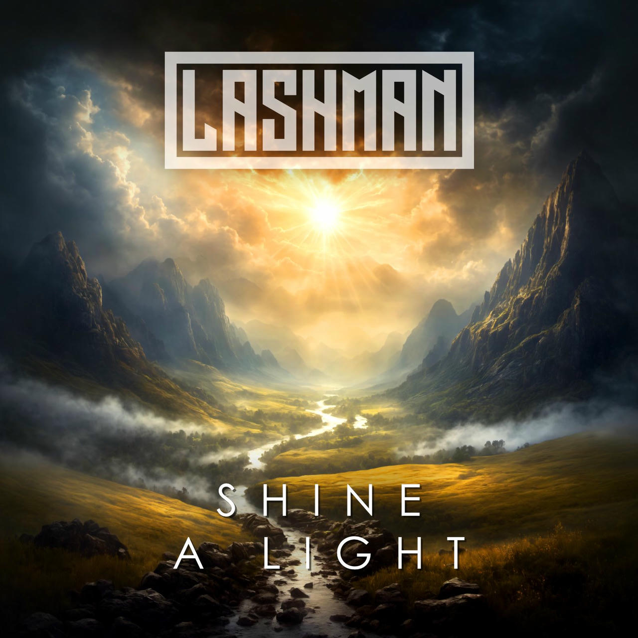 A dramatic, wide-angle landscape image depicts towering, jagged gray mountains rising vertically from a misty valley. A bright, golden sun shines through a break in the clouds, illuminating the center of the scene and casting long shadows. A winding, light-colored river flows through the valley floor. The word “SHINE A LIGHT” is written in white across the bottom of the image. Above the text is the word “LASHMAN” in white.