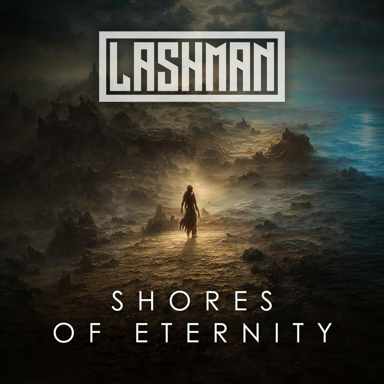 A dark, dramatic image depicts a lone figure, a woman in a dark cloak, standing on a rocky, wave-swept shore. The water is a deep, turbulent blue. Jagged, dark rocks dominate the foreground, and the sky is overcast. Above the image, in white capital letters, the text “SHORES OF ETERNITY” is displayed.