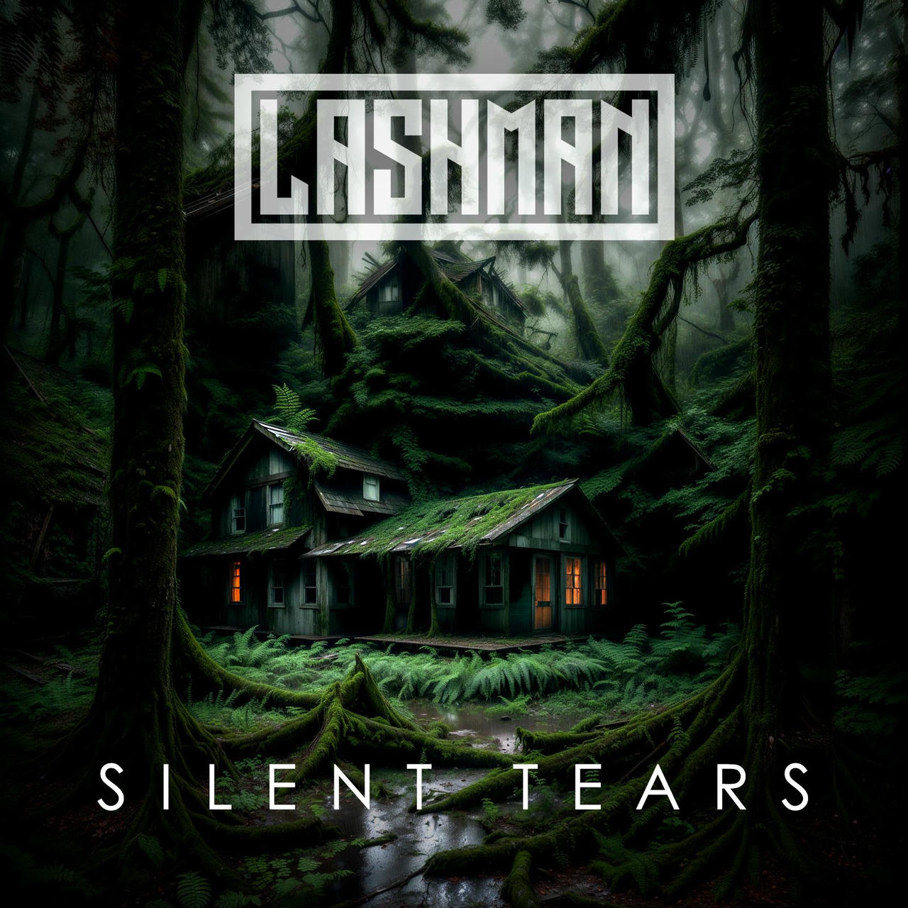 A dark, moody cover art for Silent Tears featuring a dilapidated, moss-covered cabin nestled deep within a dense, overgrown forest. The cabin has a steeply pitched roof and a single, dark window. Thick, gnarled tree roots snake across the foreground, partially obscuring the structure. The overall impression is one of isolation and decay. The words "LASHMAN" and "SILENT TEARS" are printed in white across the image.