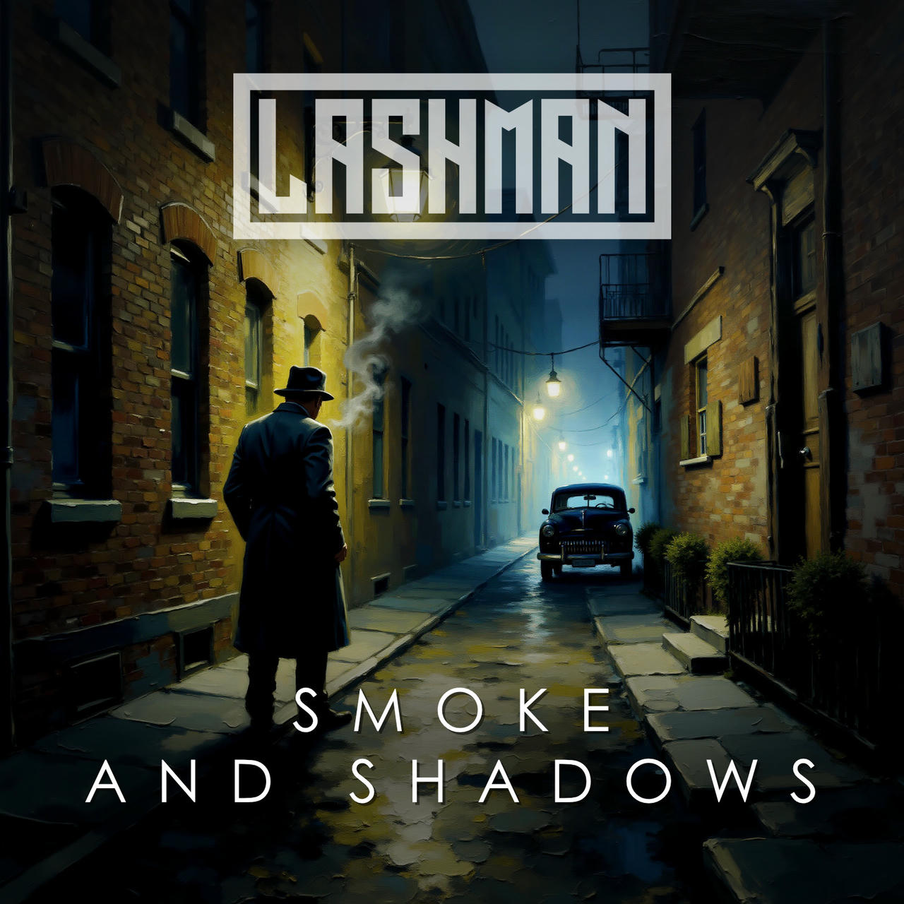 A black and white illustration depicts a dimly lit, narrow street scene. A lone man in a long, dark coat and hat stands at the far end of the street, looking down the road. A vintage dark-colored car is parked partially in the street. Smoke rises from the car. The buildings on either side are brick with arched windows. The words "SMOKE AND SHADOWS" are written in white across the top of the image. The scene is atmospheric and evokes a sense of mystery.