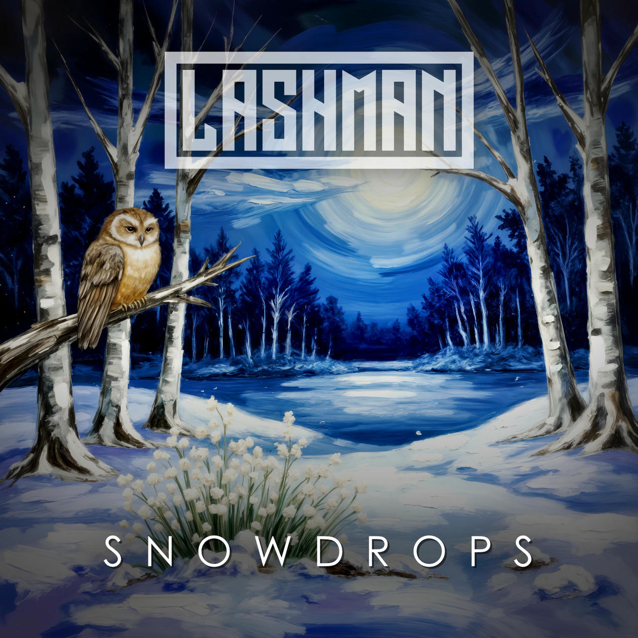 A wintry landscape painting depicts a snow-covered forest under a full moon. Tall, pale birch trees with textured bark dominate the scene, their branches heavy with snow. A large, brown owl sits perched on a snow-laden branch. A frozen, dark blue lake stretches across the foreground. The words "SNOW DROPS" are emblazoned in white across the top of the image.