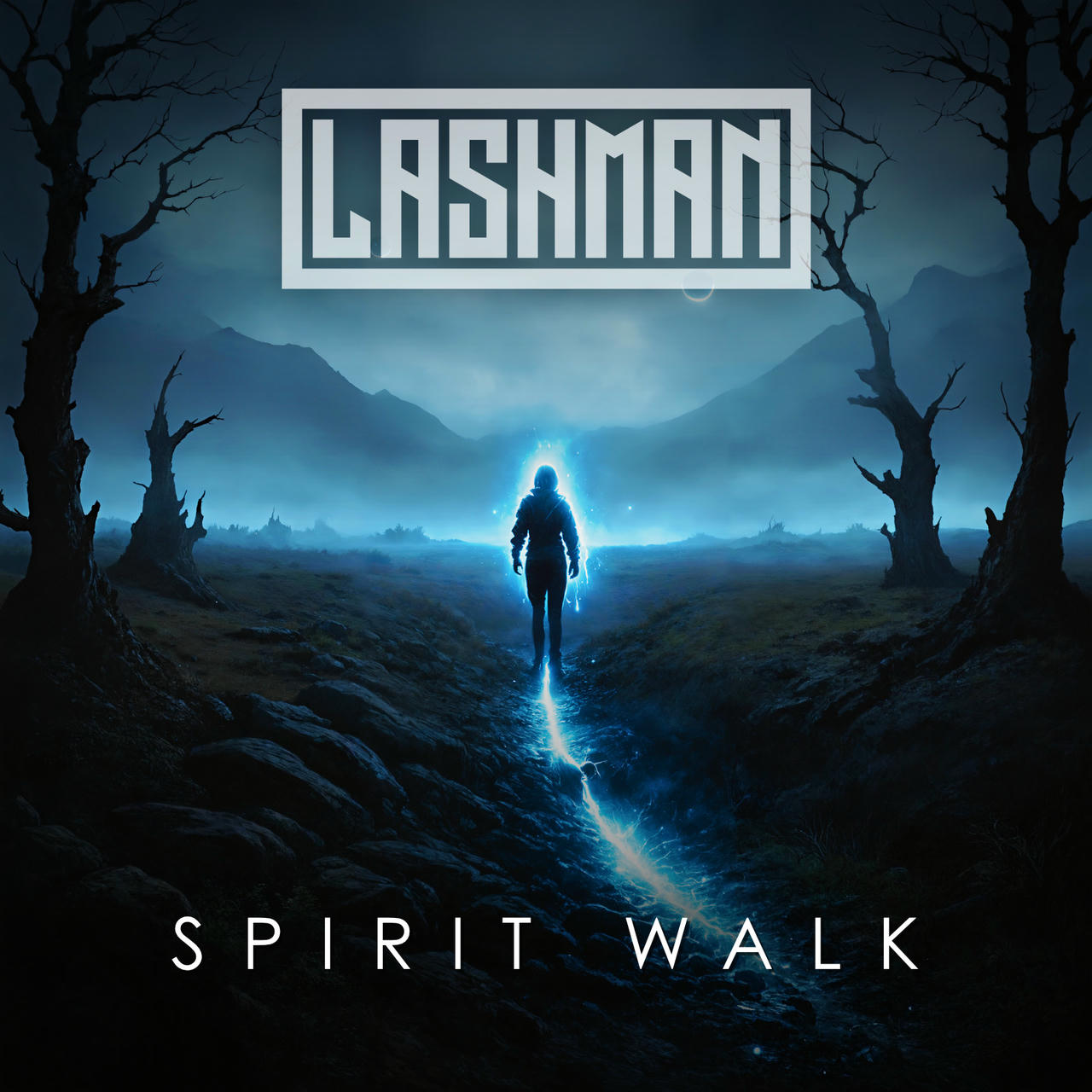 A dark, atmospheric digital album cover for “Spirit Walk” by LASHMAN. A lone, silhouetted figure walks along a bright blue, ethereal beam of light across a misty, barren landscape filled with skeletal, leafless trees. In the distance, a hazy mountain range is visible under a pale, overcast sky. The album title “Spirit Walk” is prominently displayed in white text at the bottom of the image.