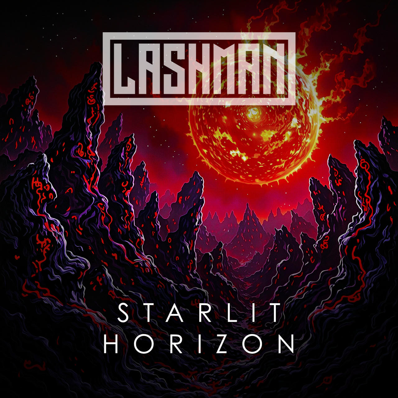 A stylized, dark illustration depicts a fiery, red-orange sun dominating a jagged, rocky landscape. The sun is surrounded by swirling, chaotic energy and red-orange tendrils. Jagged, dark rock formations rise dramatically in the background. The words "STARLIT HORIZON" are stacked vertically in white lettering on the right side of the image.