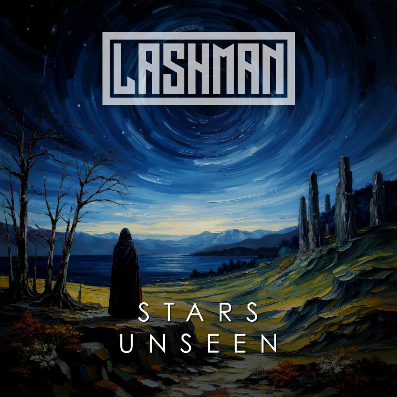 A dark, swirling, starry sky dominates the background of the painting. Below, a lone, hooded figure stands on a grassy hillside overlooking a dark, calm lake and distant, jagged mountains. Weathered stone pillars rise from the landscape. The words “STARS UNSEEN” are painted in white across the bottom of the image.