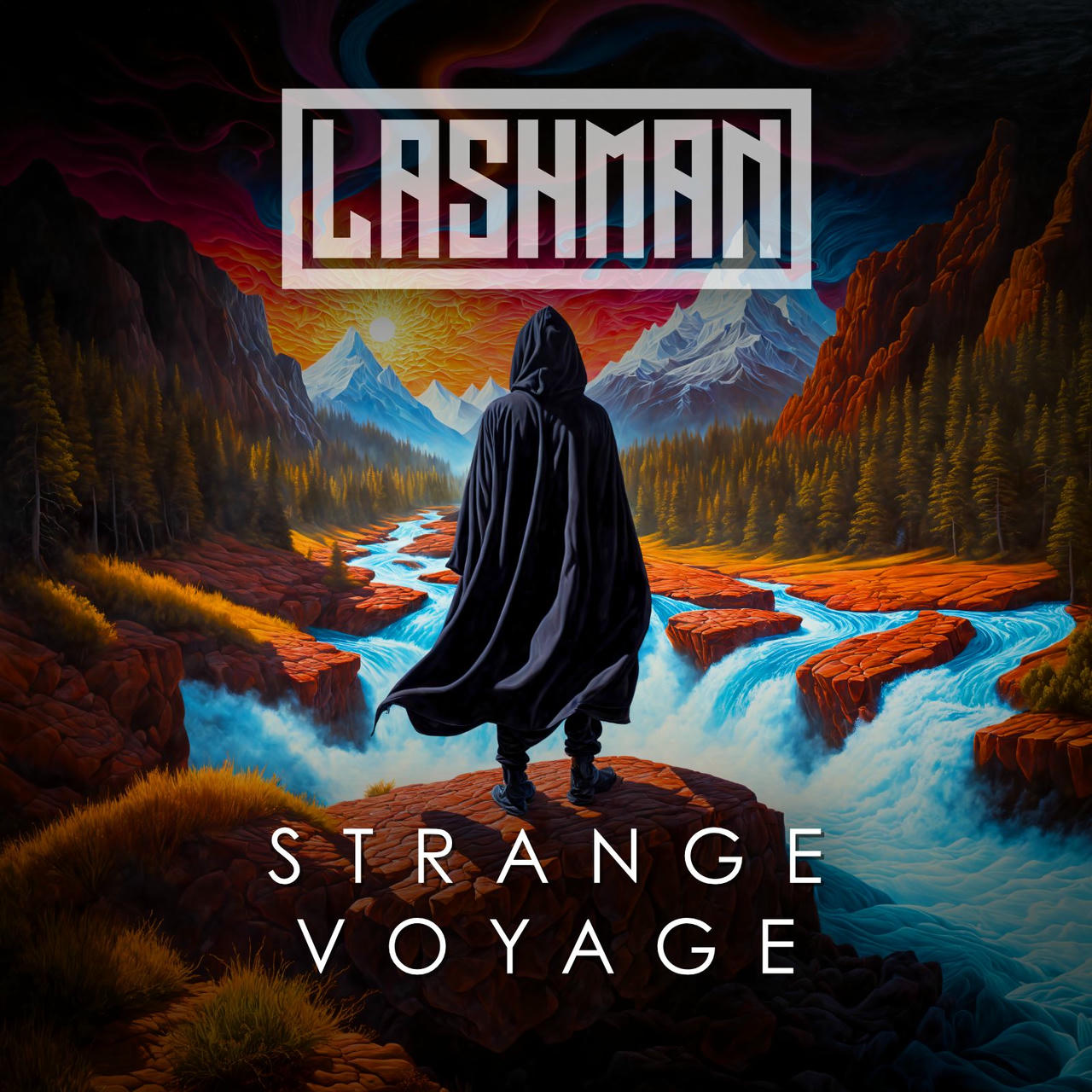 A dramatic digital artwork titled "Strange Voyage" depicts a lone figure in a flowing black cloak standing on a rocky outcrop overlooking a vast, swirling, orange and blue landscape. Towering, snow-capped mountains rise in the background, partially obscured by mist. A wide, turquoise river snakes through the valley below, cascading over waterfalls. The word "STRANGE" is stacked above the figure, and "VOYAGE" is below. The overall color palette is dominated by warm oranges, blues, and greens, creating a surreal and atmospheric scene.