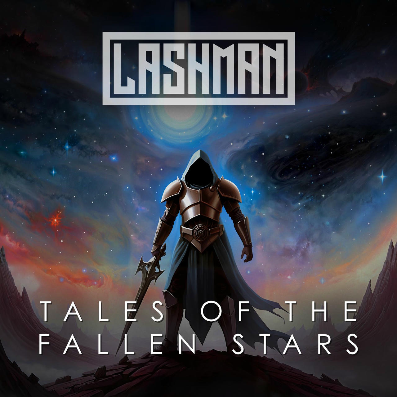 A dramatic digital painting depicts a lone, armored warrior standing on a jagged, rocky cliff overlooking a swirling, nebula-filled sky. The warrior wears a dark, hooded cloak and ornate armor, holding a glowing sword. Above, a large, blue planet dominates the sky, surrounded by countless stars. The words "TALES OF THE FALLEN STARS" are written in white across the bottom of the image.