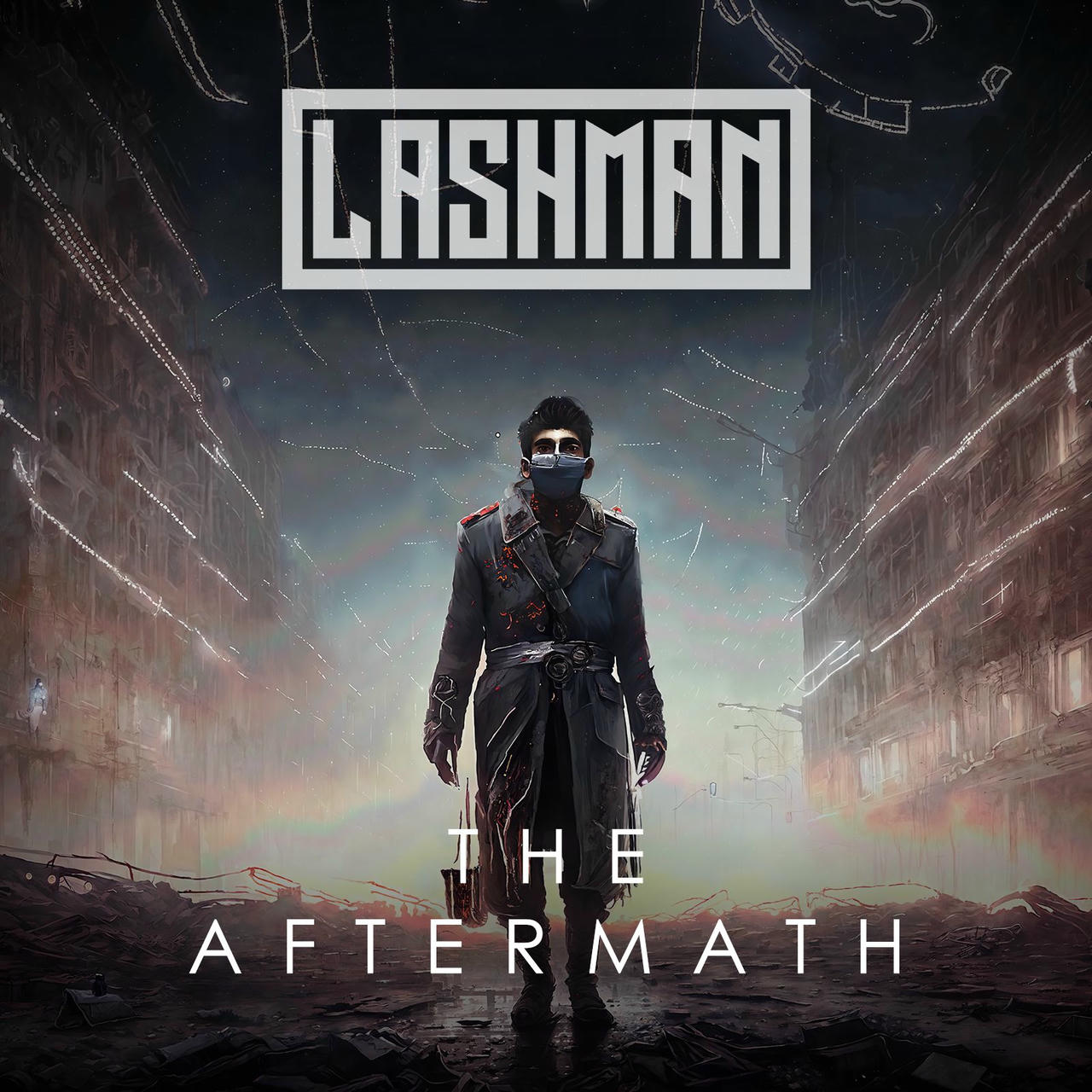 A grayscale, atmospheric cover art for the album "The Aftermath" by LASHMAN. A lone figure, clad in a dark, weathered trench coat and a mask obscuring their face, stands in the foreground of a desolate, ruined cityscape. Buildings rise in the background, crumbling and covered in debris, with streaks of white suggesting rain or smoke. The words "THE AFTERMATH" are printed in white at the bottom of the image.