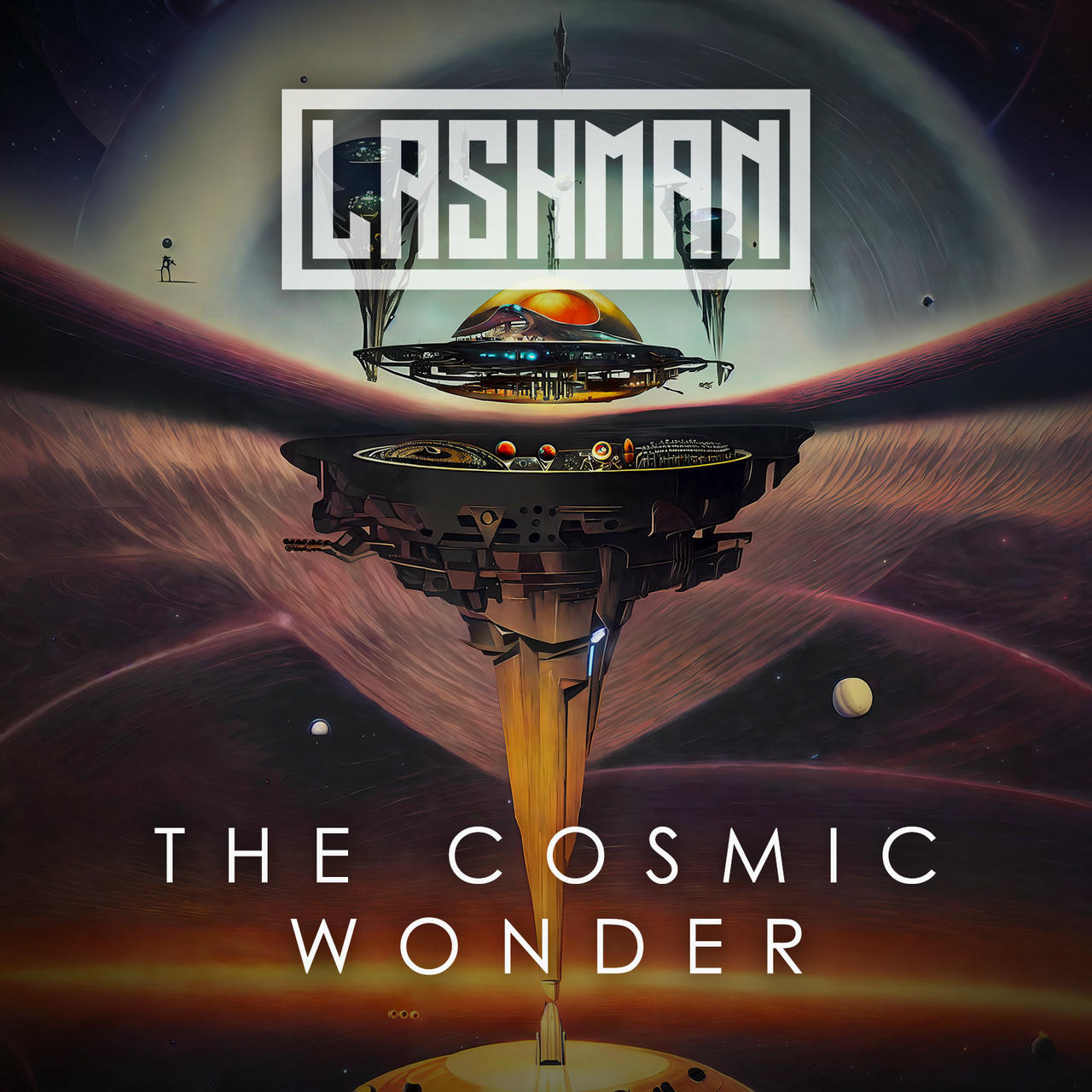 A stylized, dark illustration depicts a futuristic, elongated spaceship suspended in a swirling, reddish-brown nebula against a deep space background dotted with stars. The ship is predominantly black with glowing blue and yellow lights, and a central, glowing yellow beam extends upwards. The words "THE COSMIC WONDER" are written in white across the bottom of the image. A small, grey figure stands on the left side of the image.