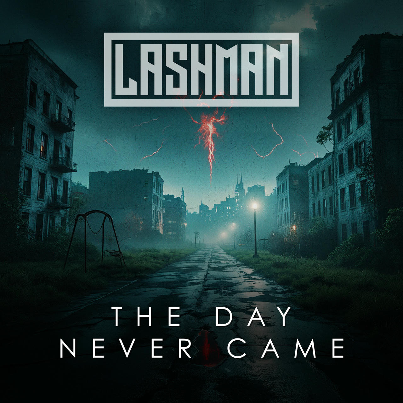 A dark, atmospheric image depicts a desolate, rain-slicked street in a decaying urban landscape. A single, flickering streetlamp illuminates the scene. A rusted swing set sits on the left, partially obscured by overgrown weeds. In the distance, several dilapidated buildings rise against a stormy, bruised sky with a jagged bolt of lightning. The words "THE DAY NEVER CAME" are prominently displayed in white across the top of the image.