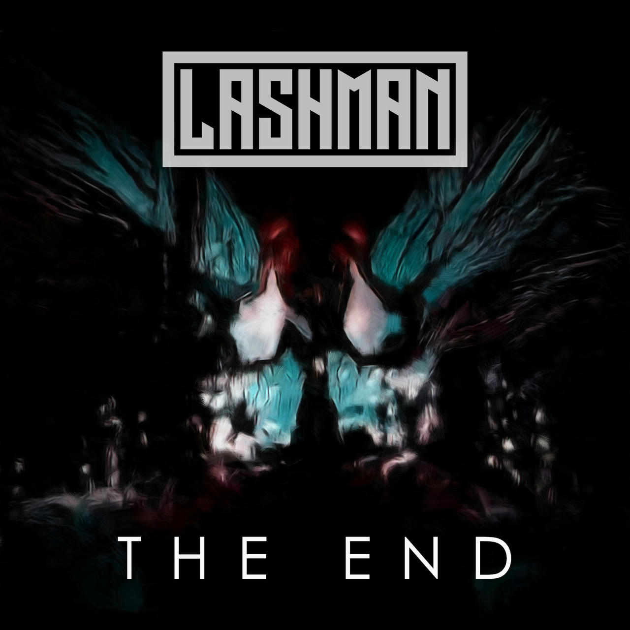 A dark, dramatic album cover featuring a skull with glowing blue, ethereal wings extending from its back. The skull is partially obscured by shadows. The words "THE END" are stacked vertically in white across the bottom of the image. The band name "LASHMAN" is printed in white above the skull.