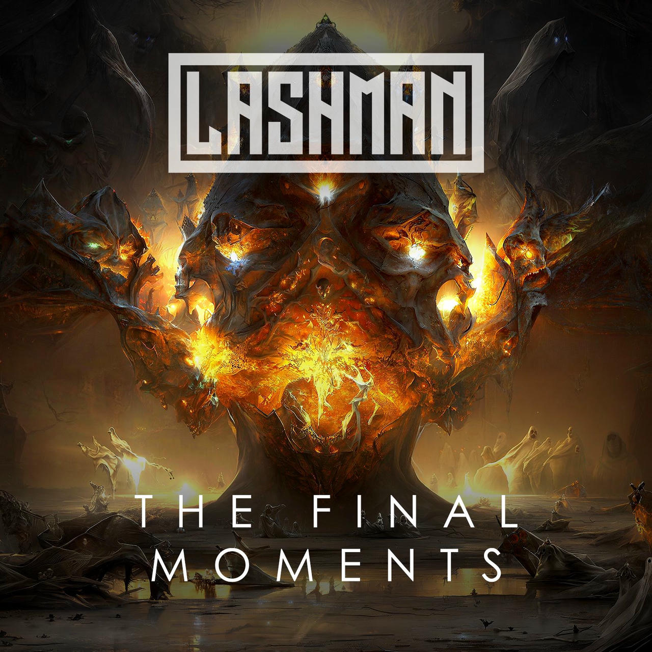 A dark, dramatic album cover featuring a colossal, stylized skull with glowing orange and red flames erupting from its open mouth. The skull is intricately detailed with sharp edges and a menacing expression. The background is a swirling vortex of dark smoke and embers. Above the skull, in bold white lettering, reads “LASHMAN” and below it, “THE FINAL MOMENTS.”