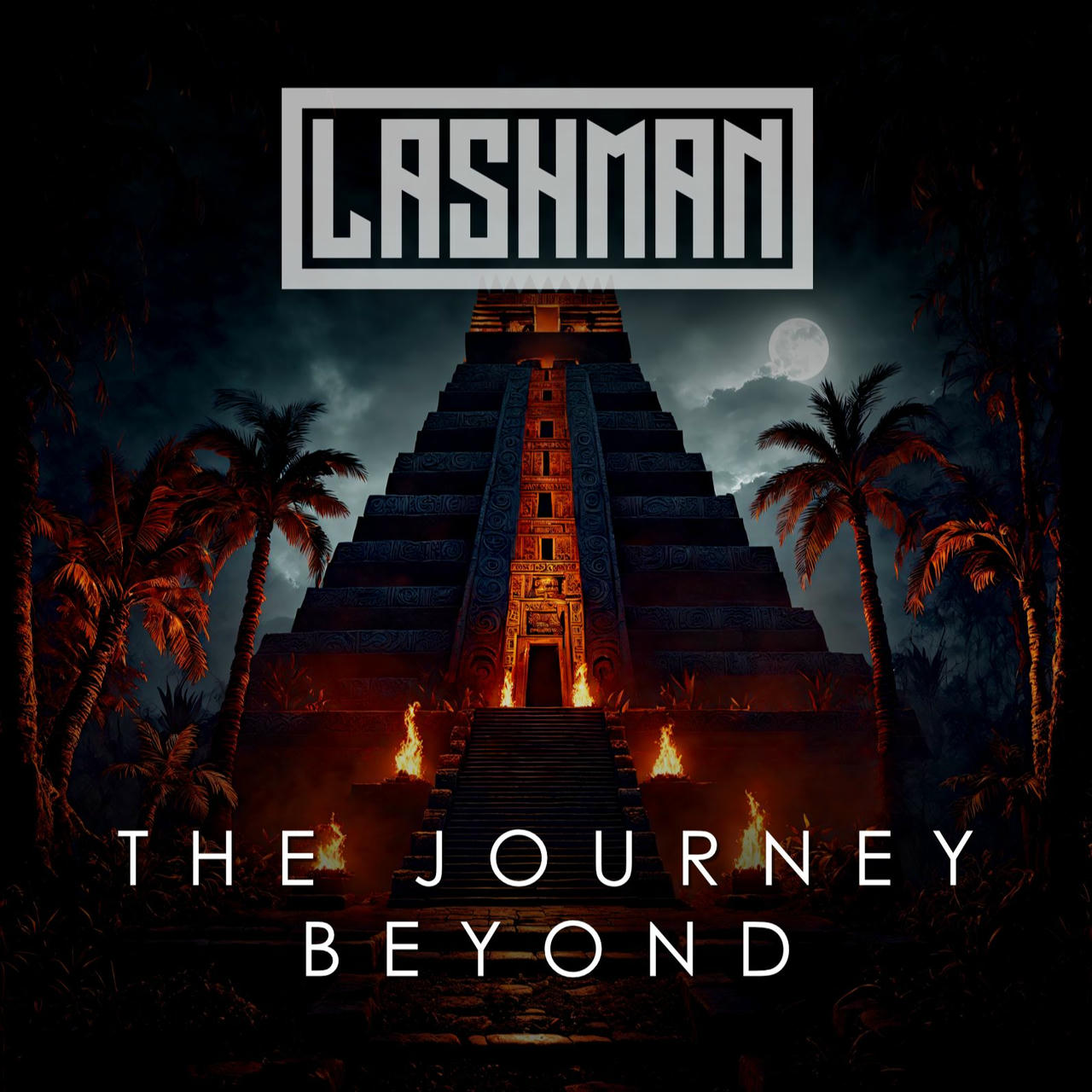 A dramatic, digitally rendered image depicts a towering, ancient Mayan-style pyramid rising from a dark, jungle-like setting. Flames flicker at the base of the pyramid, casting an eerie glow. Palm trees are silhouetted against a dark, cloudy sky. The words "THE JOURNEY BEYOND" are stacked vertically on the left side of the image in white text.