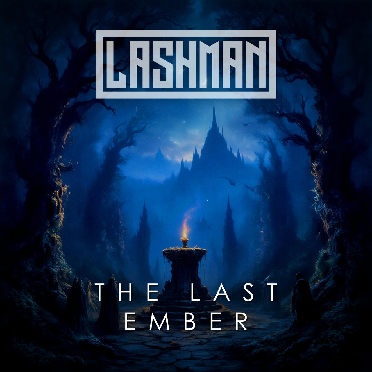 A dark, atmospheric image depicts a towering, gothic castle silhouetted against a stormy, bruised-purple sky. Twisted, bare trees surround the base of the castle, their branches reaching upwards like skeletal fingers. A single, flickering candle sits on a stone platform at the castle’s base, casting a small pool of light. The words “THE LAST EMBER” are stacked vertically in white lettering across the top of the image.