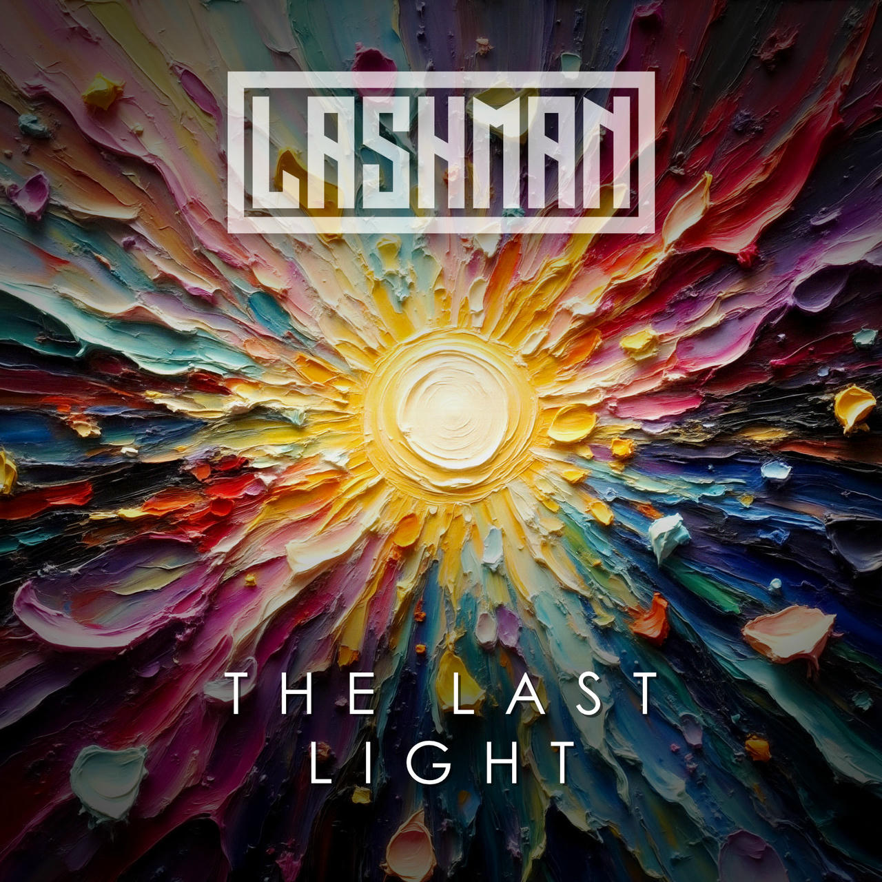 The image is a strikingly textured and intensely colorful artwork centered around a radiant, golden-yellow sphere. It resembles a massive, exploding sun or flower, radiating outward in a chaotic, swirling vortex of color. The dominant hues are deep blues, purples, and oranges, layered and blended together with thick, impasto brushstrokes. The colors transition sharply from dark, almost black, in the outer edges to vibrant, saturated tones near the center. The surface is incredibly rich with texture, creating a sense of movement and depth. The brushstrokes are bold and uneven, giving the artwork a dynamic, almost turbulent feel. At the very center of the image, a bright, pure white light emanates, drawing the eye inwards. Across the top of the image, in a bold, white, block-letter font, the words “LASHMAN” are printed, and beneath that, “THE LAST LIGHT” is displayed in a smaller, white font. The overall effect is dramatic, powerful, and visually arresting.
