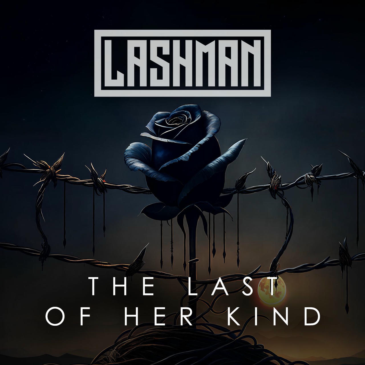 A dark, dramatic album cover featuring a single, black rose with long, sharp thorns, partially submerged in a dark, wet surface. The thorns hang downwards, creating a sense of danger and isolation. Above the rose, in a white rectangular box, the text "LASHMAN" is printed. Below the rose, the text "THE LAST OF HER KIND" is also printed in white. The overall effect is moody and unsettling.