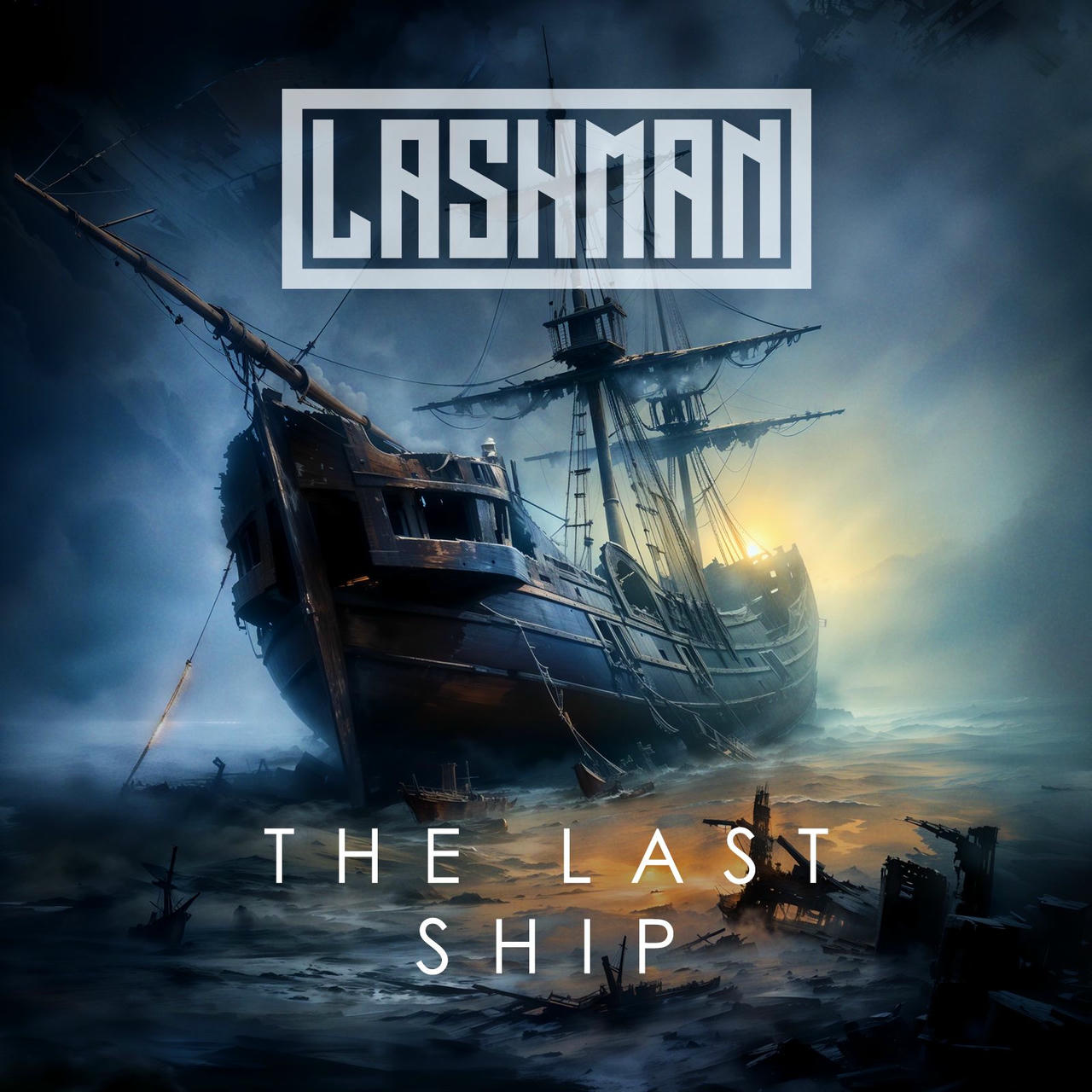 A dramatic, dark image depicts a weathered, black sailing ship emerging from a turbulent, misty sea. The ship is heavily damaged, with torn sails and broken masts. The sky is a bruised purple-gray, illuminated by a faint, hazy light. The words "THE LAST SHIP" are prominently displayed in white across the bottom of the image.