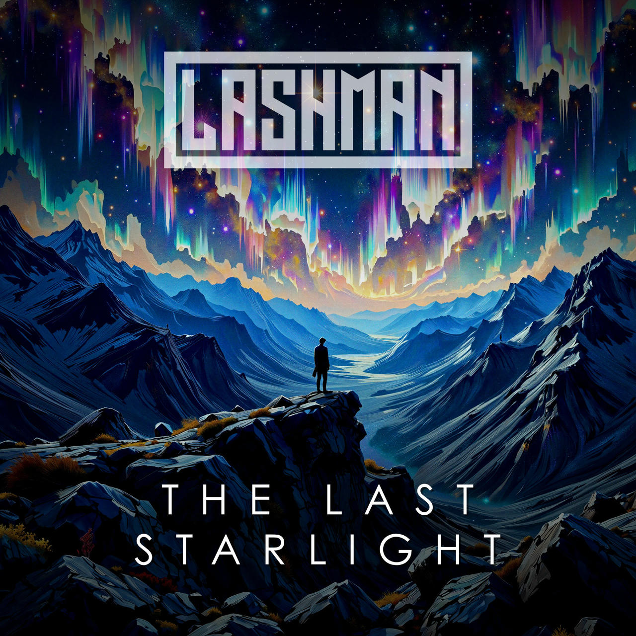 A dramatic digital artwork depicts a lone figure standing on a rocky precipice overlooking a vast, dark canyon. Above, a swirling, vibrant aurora borealis of pink, purple, and yellow dominates the sky. The canyon walls are jagged and dark blue, reflecting the light of the aurora. The title “THE LAST STARLIGHT” is prominently displayed in white across the top of the image.