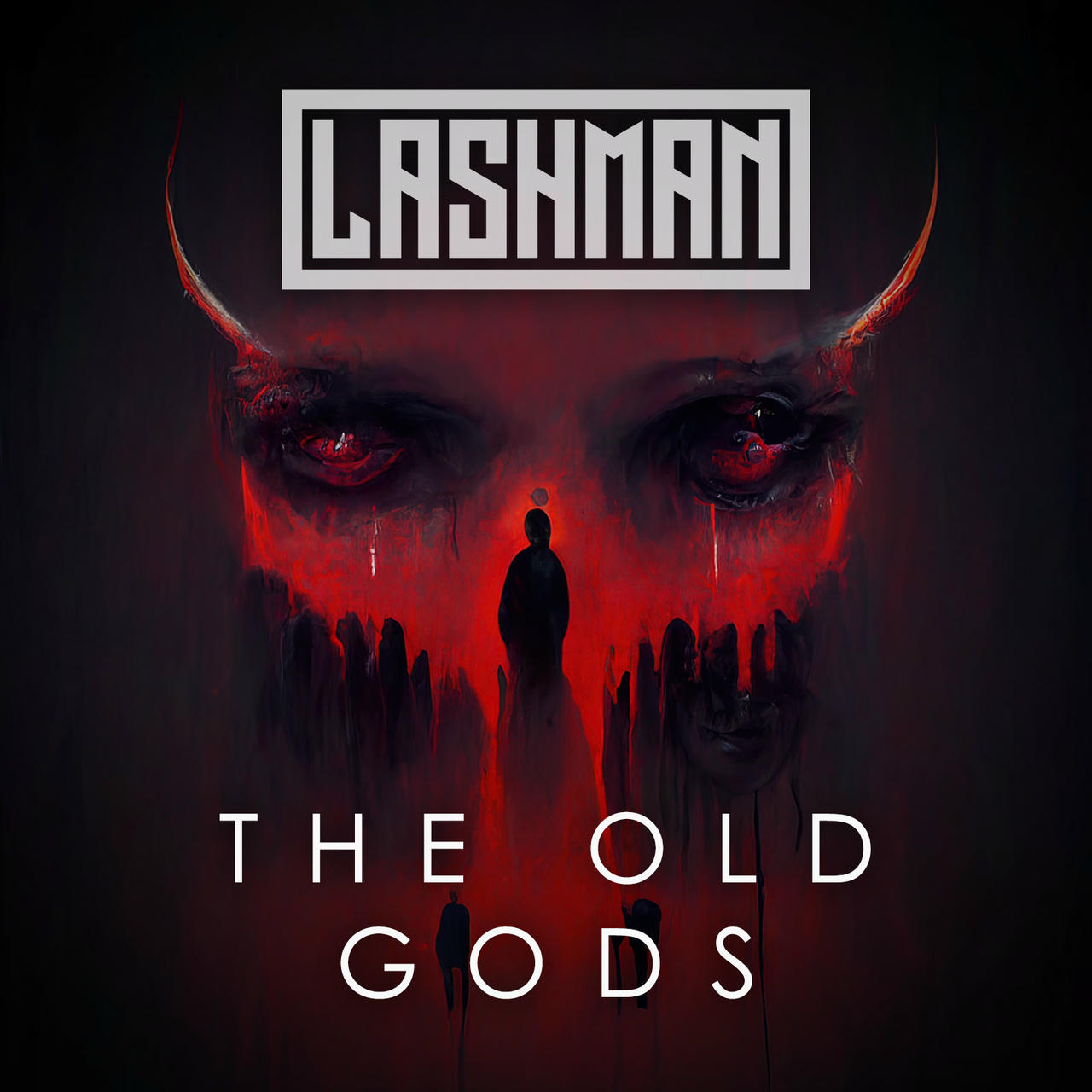 A stark, close-up image depicts a massive, crimson skull with glowing red eyes and prominent horns. A shadowy figure stands in the background, partially obscured by the skull’s texture. The words “THE OLD GODS” are stacked vertically on the left side of the image in white lettering. The overall effect is intensely dark and ominous.