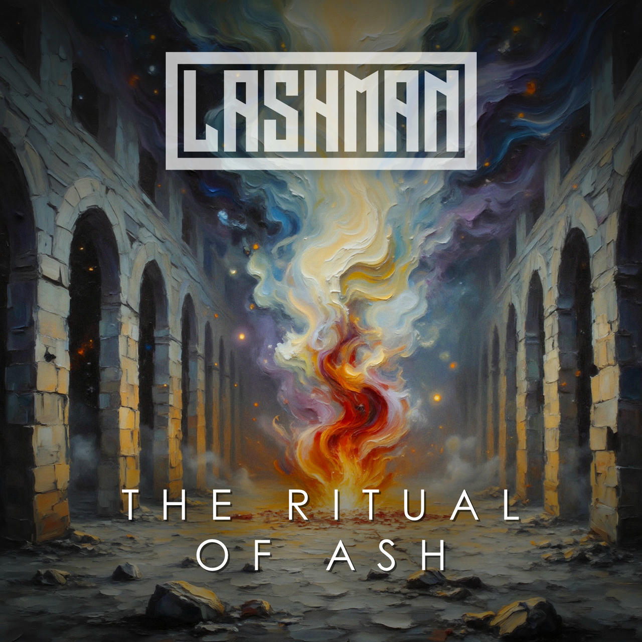 The image is a dramatic, dark fantasy art piece featuring a colossal, crumbling stone archway dominating the left side. The archway is constructed of massive, irregularly shaped blocks of gray stone, weathered with deep shadows and vertical cracks, suggesting an ancient, forgotten ruin. The stone is covered in a light, dusty gray coating and speckled with darker textures. Within the center of the archway, an intensely bright, swirling vortex of fiery orange, yellow, and red dominates the composition. The flames are turbulent, with ribbons of color stretching outwards, creating an almost chaotic, ethereal effect. This central vortex is surrounded by thick, swirling smoke that appears to be translucent and shimmering with iridescent hues – blues, greens, and purples are visible within the smoke. Above and behind the vortex, partially obscured by the smoke, there are faint, barely visible shapes that could be ghostly figures. In the top left corner, in a stark white block, the words "LASHMAN" are printed in a bold, stylized font. Below the vortex, in a similar white block, the text "THE RITUAL OF ASH" is also rendered in the same font. The overall atmosphere is one of intense energy, foreboding, and a sense of a powerful, perhaps destructive, ritual taking place within the ruin.